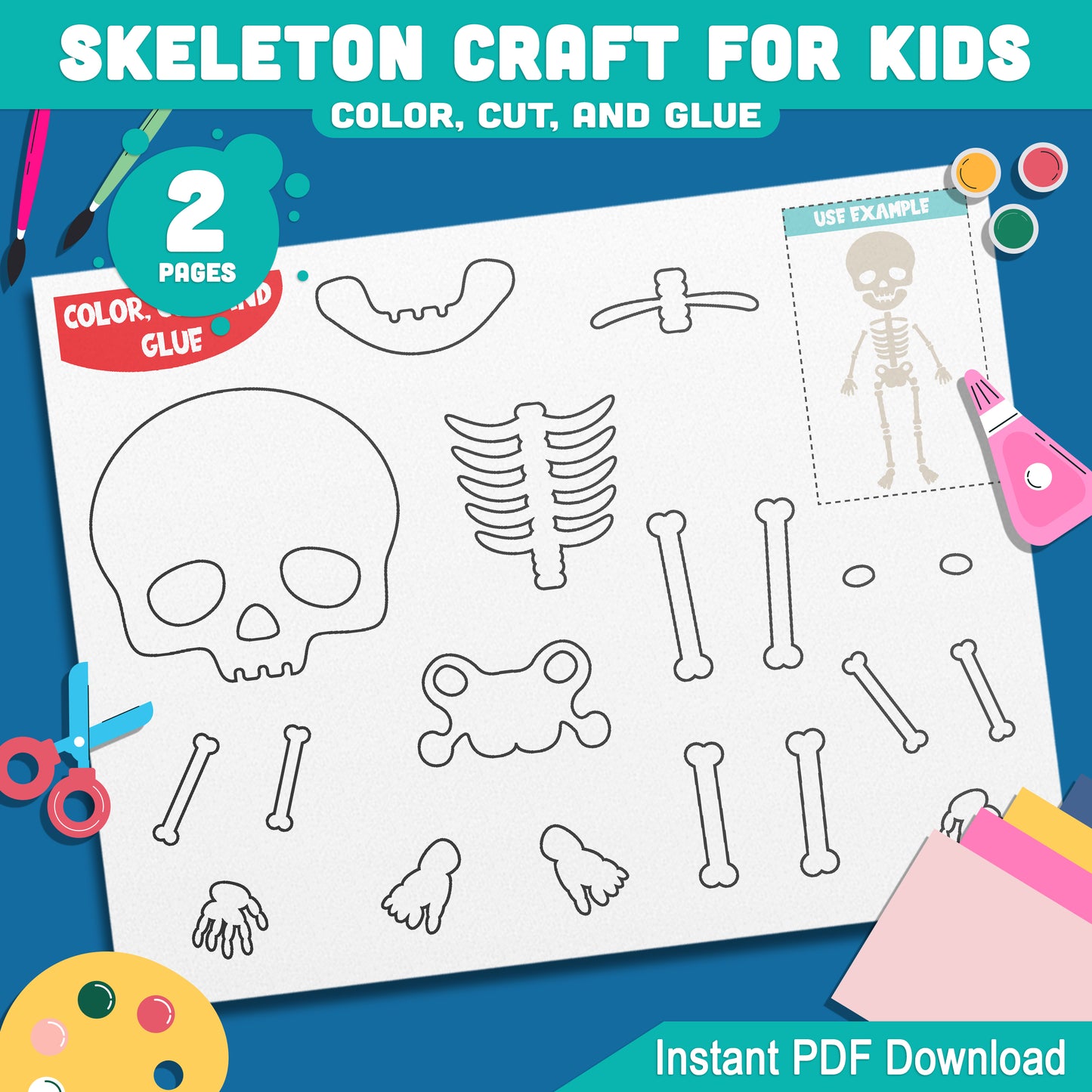 Human Body Skeleton Craft: Fun Color, Cut, and Glue Activity for Kids – Perfect for Halloween & October Art, PDF Instant Download