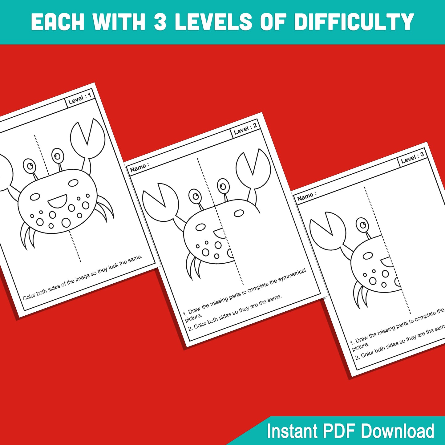 Seasonal Symmetry Learning Pack: 24 Printable Summer Worksheets, 8 Creative Designs, 3 Difficulty Levels Each, Great for Kids’ Skills Practice – PDF Download