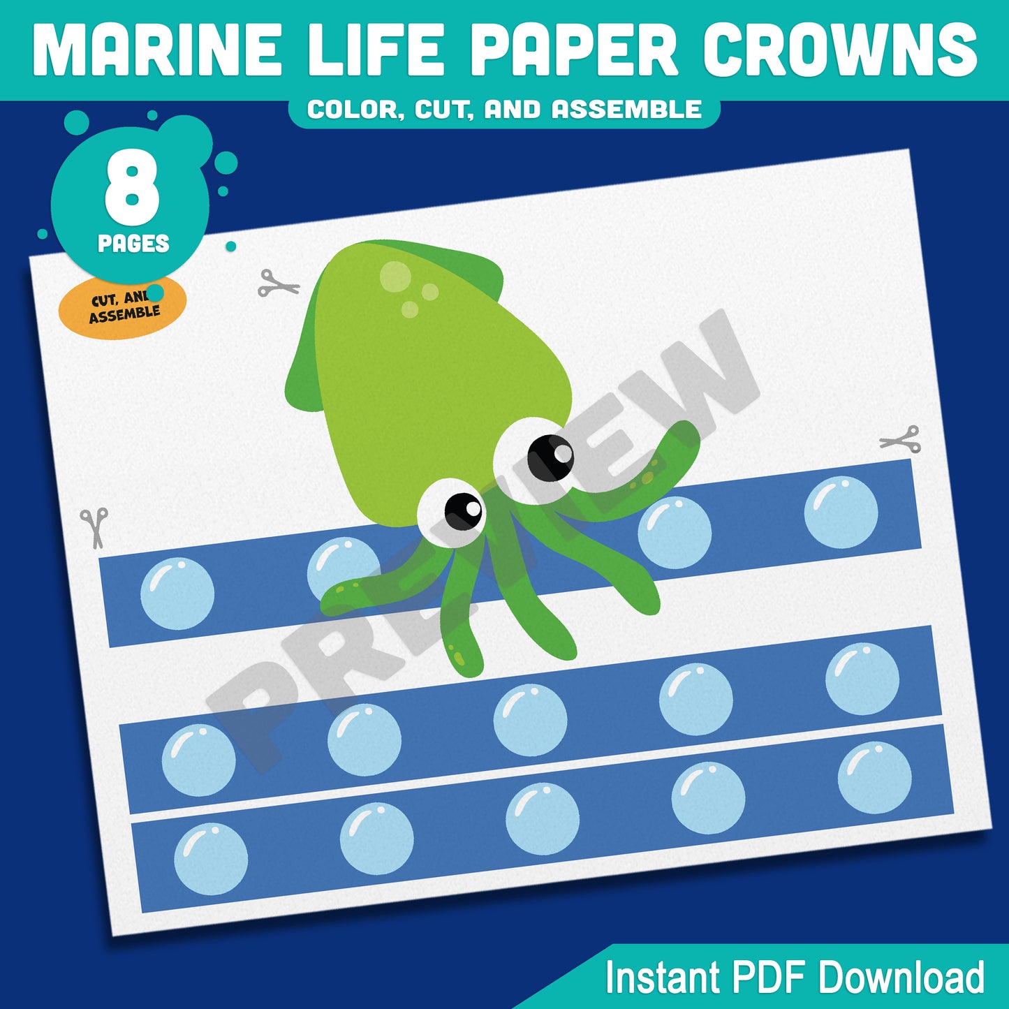 Marine Life Paper Crowns β Printable 8-Page Set with Pre-Colored + Black & White Sea Creatures, Great for Crafts and Pretend Play Activities