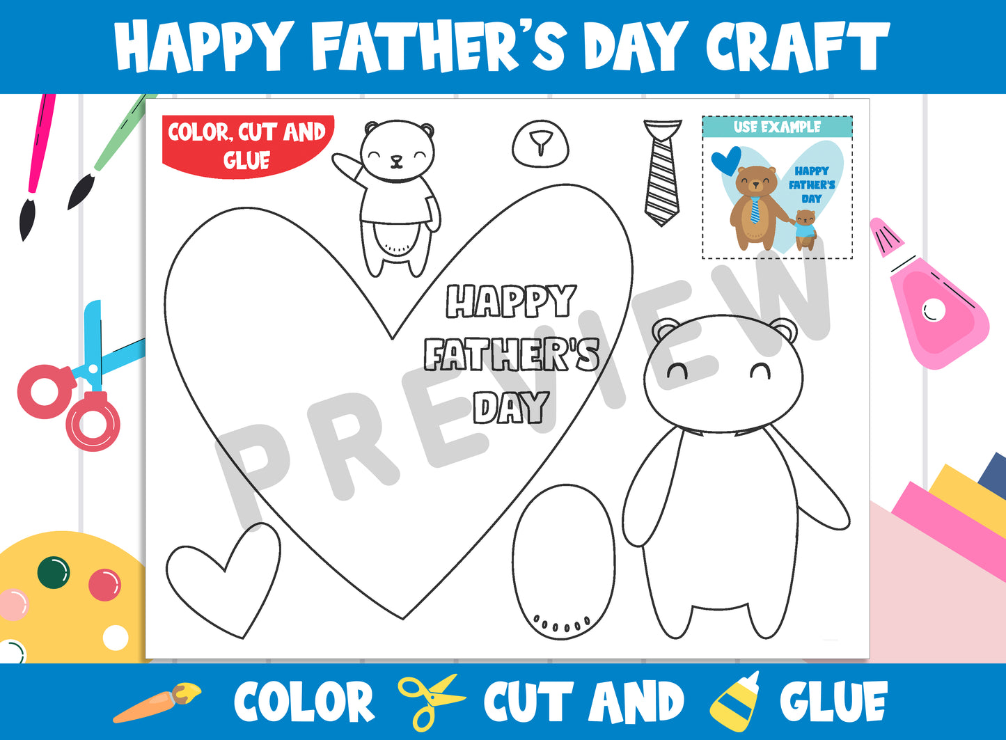 Happy Father's Day Craft Activity - Color, Cut, and Glue for PreK to 2nd Grade, PDF File, Instant Download