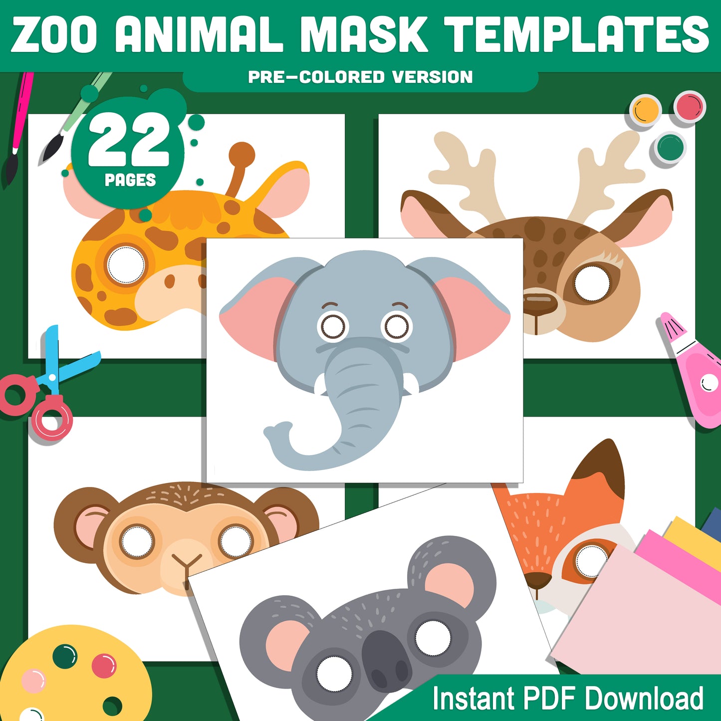 Zoo & Jungle Animal Mask Templates: 22 Fun Printable Masks for Kids, Pre-Colored + Black & White, Great for Parties & Pretend Play, Instant PDF Download