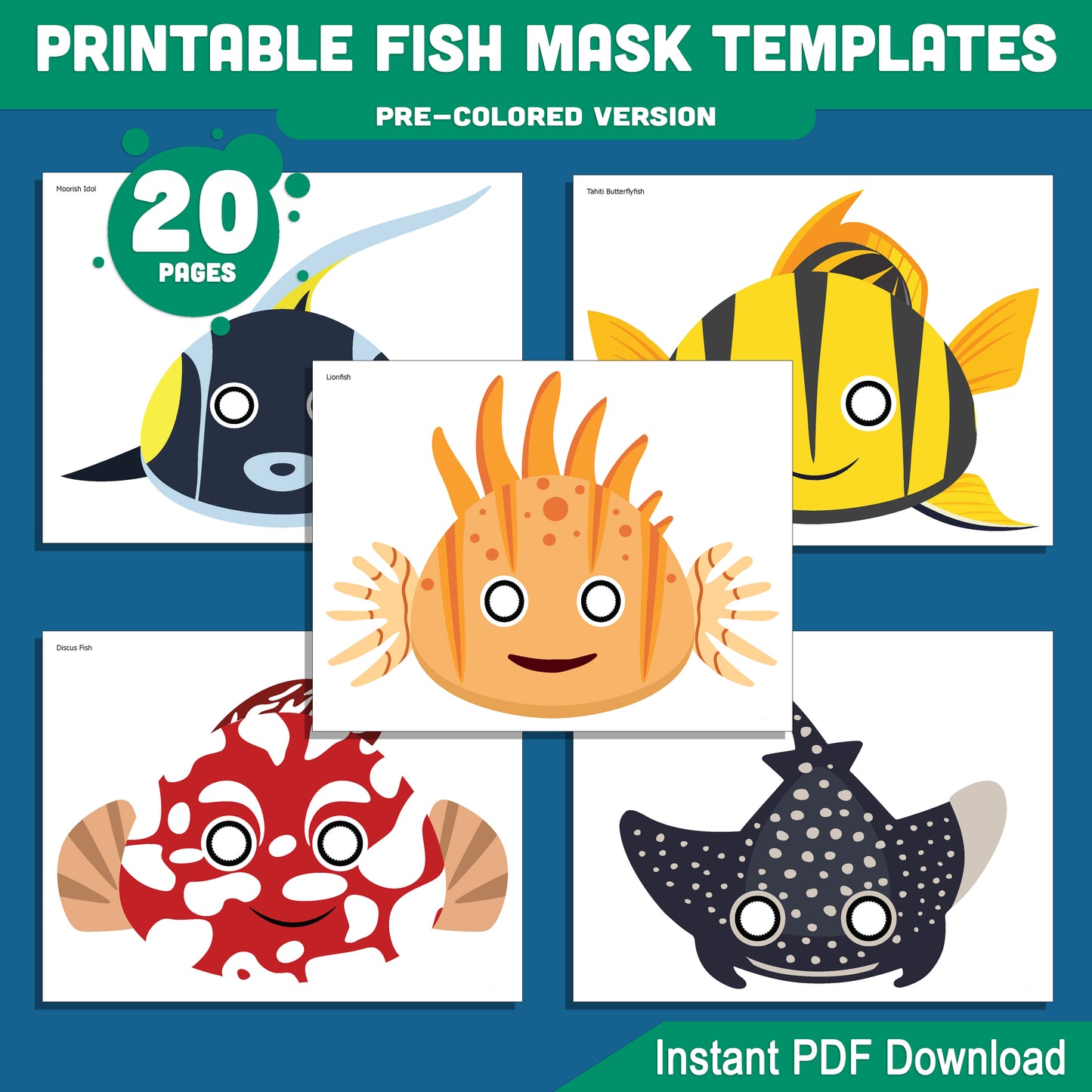 DIY Fish Mask Templates – Fun Printable Coloring Masks for Kids' Parties, Costumes & Activities, Pre-Colored & Black-and-White PDF for Instant Use