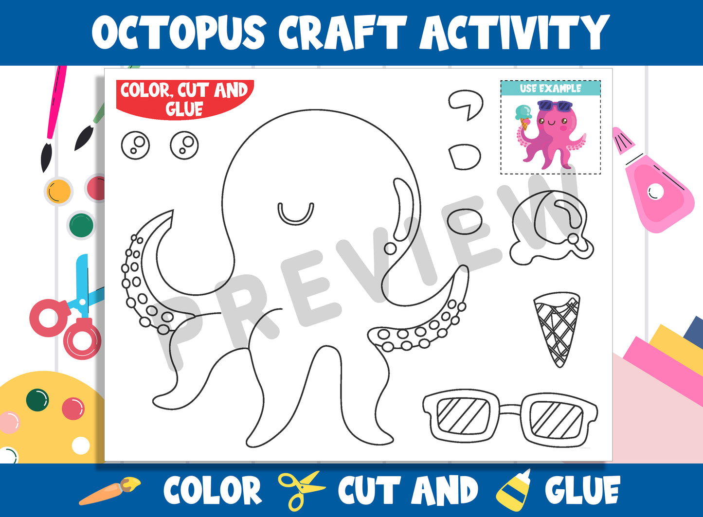 Summer Cute Octopus Craft Activity - Color, Cut, and Glue for PreK to 2nd Grade