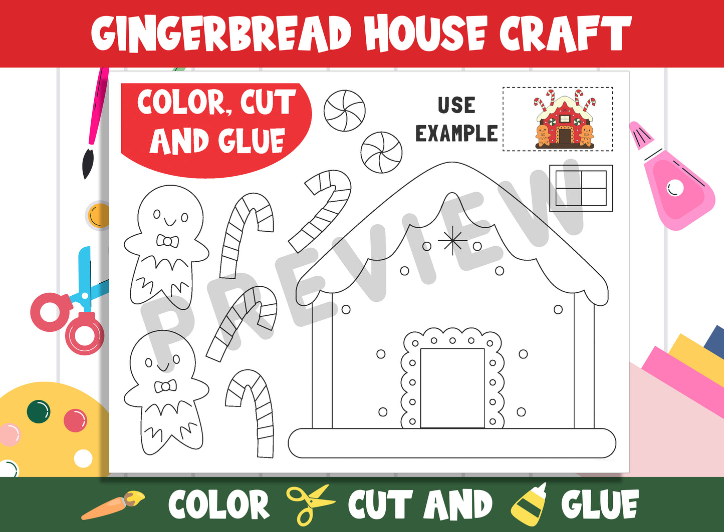 Gingerbread House Craft for Kids: Color, Cut, and Glue, PDF File, Instant Download