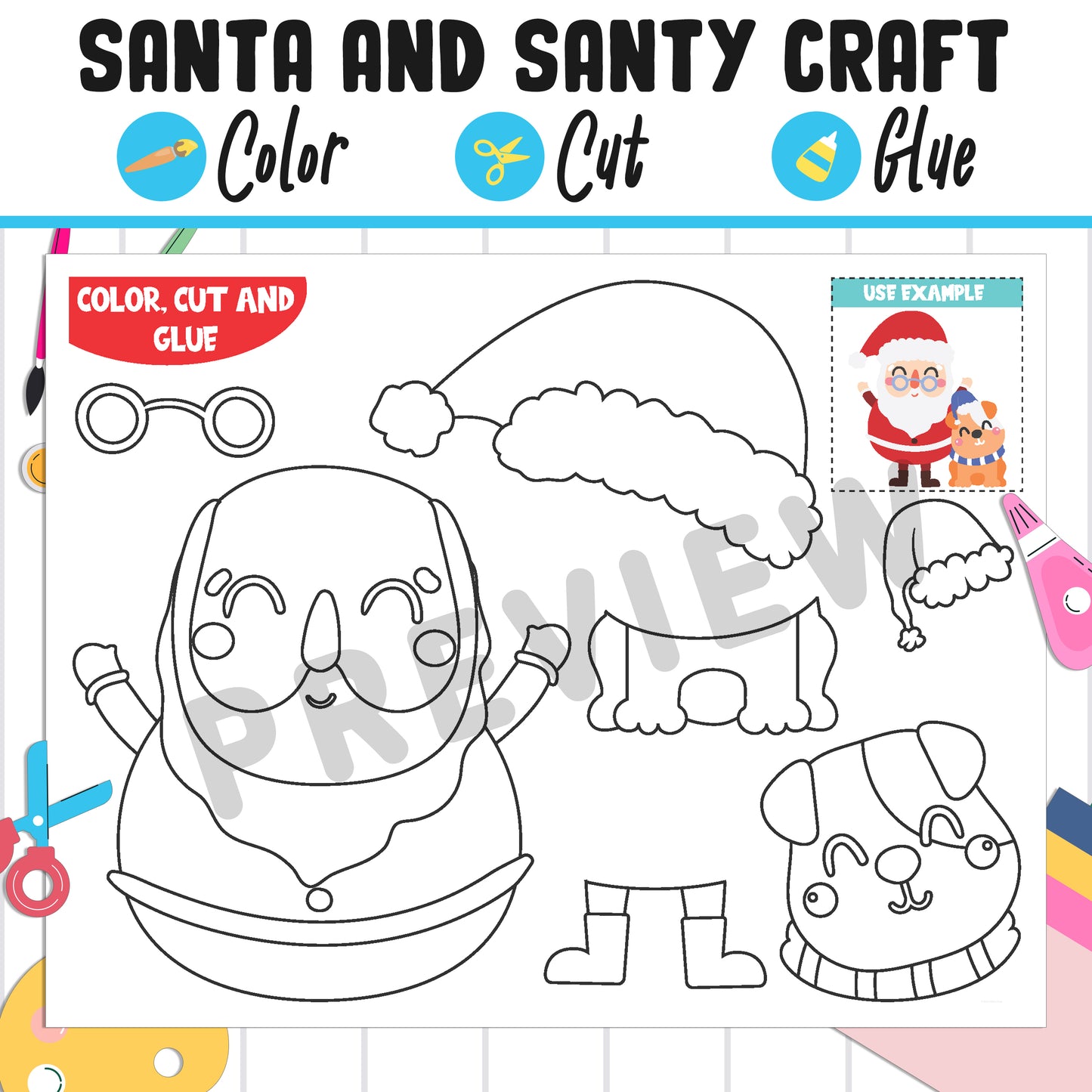 Santa Claus and Dog Craft Activity - Color, Cut, and Glue for PreK to 2nd Grade, PDF File, Instant Download