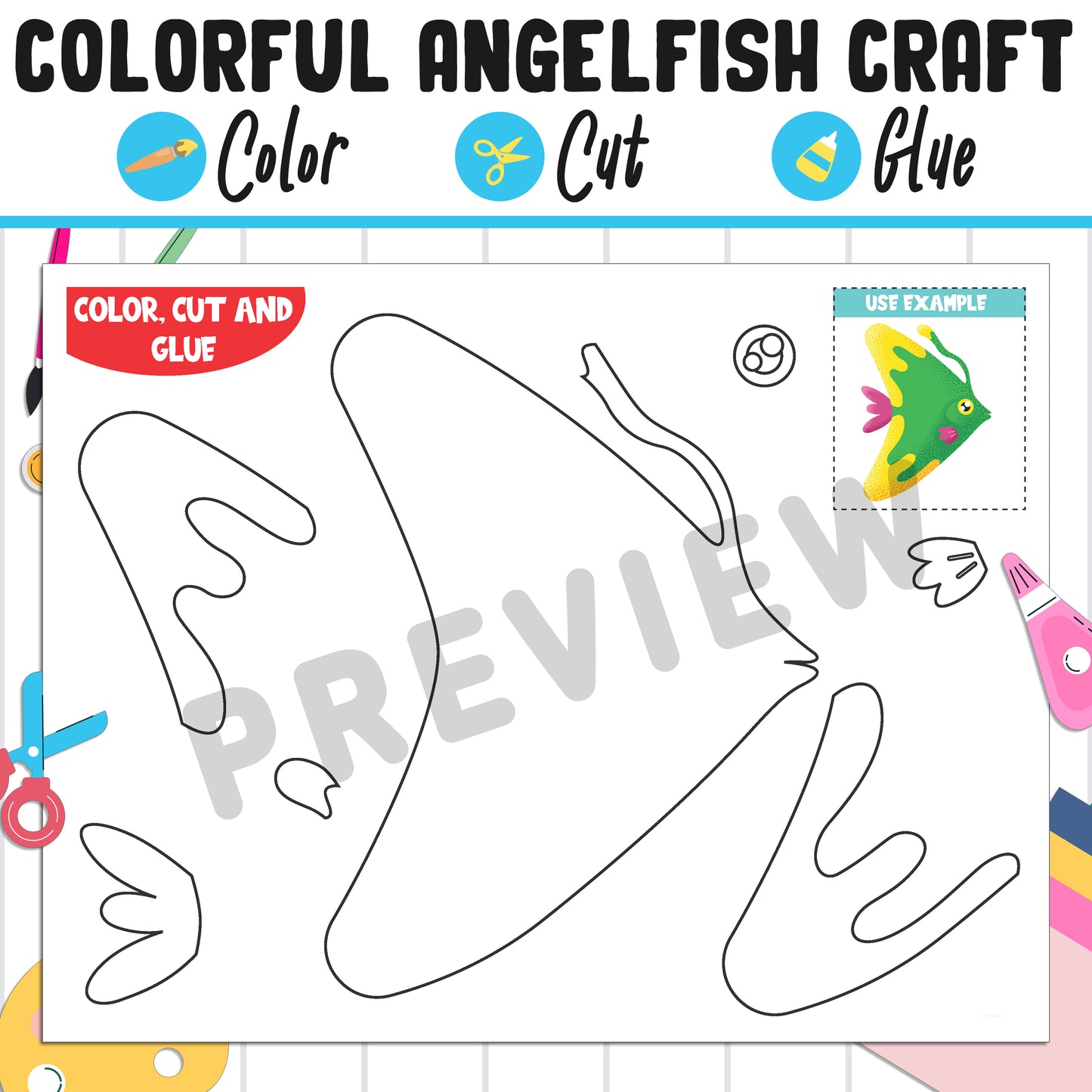 Colorful Angelfish Craft : Color, Cut, and Glue, a Fun Activity for Pre K to 2nd Grade, PDF Instant Download