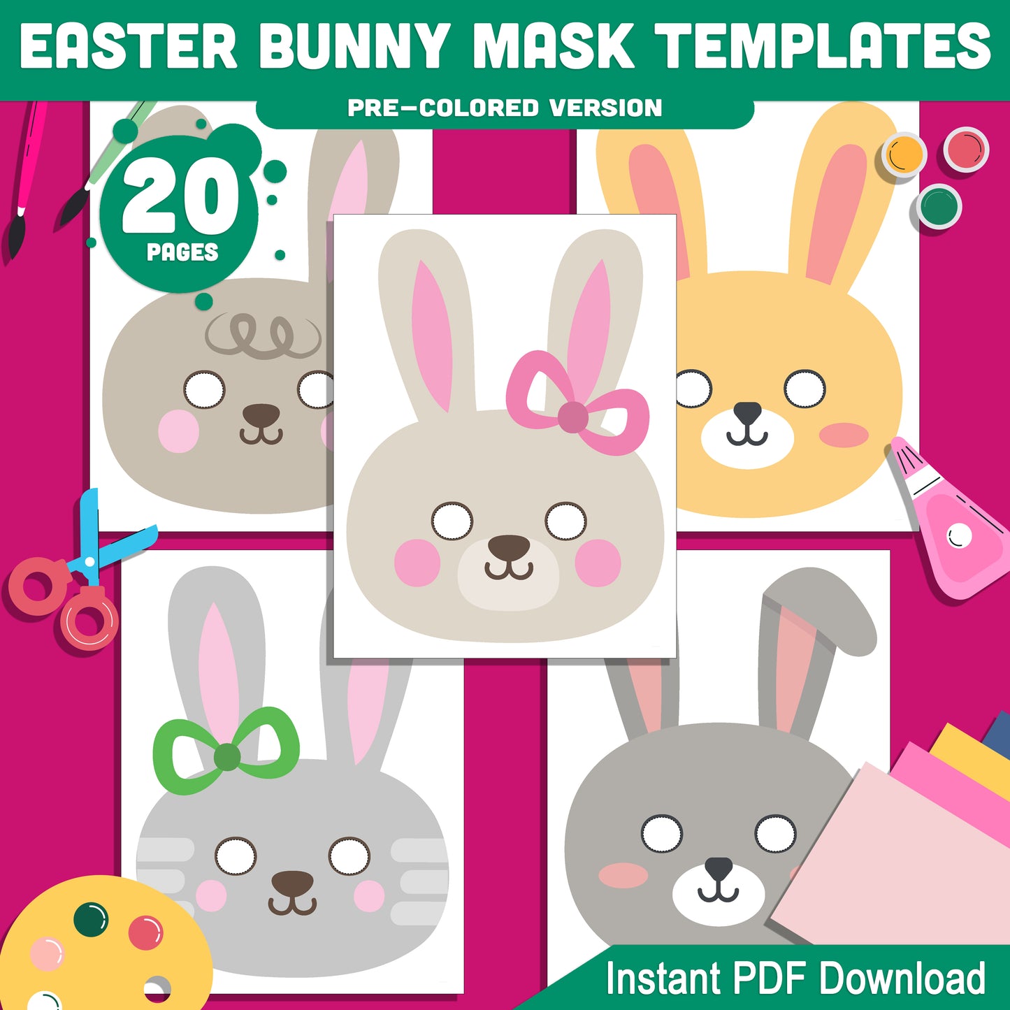 Easter Bunny Mask Printables: 20-Page DIY Craft Set for Kids, Pre-Colored & Black and White, Great for Costumes, Play, Spring Parties, Instant PDF Download