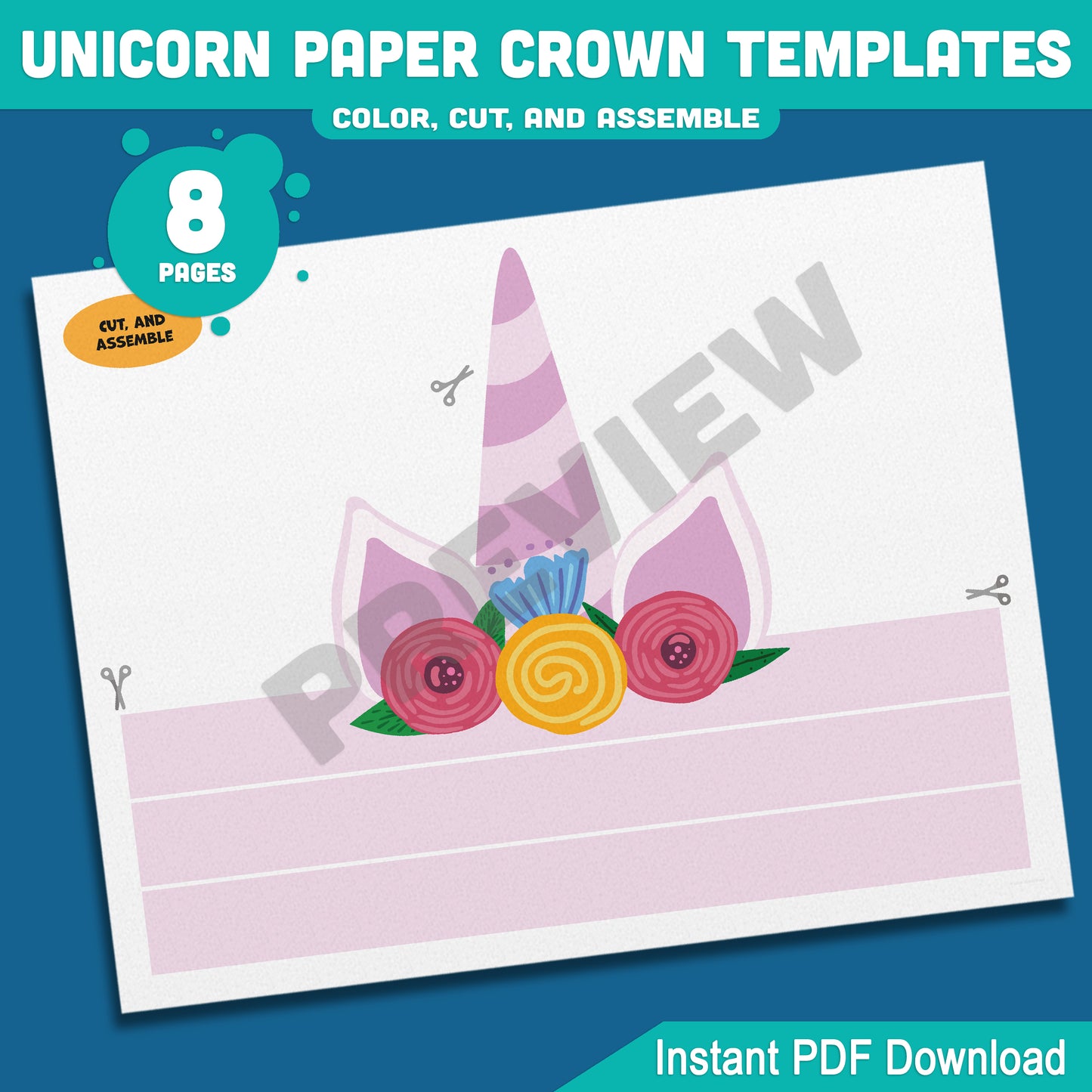 Unicorn Paper Crown Templates, Printable Headband Hat for Kids, 8 Pages, 4 Designs in Pre-Colored and Black & White, Instant PDF Download.