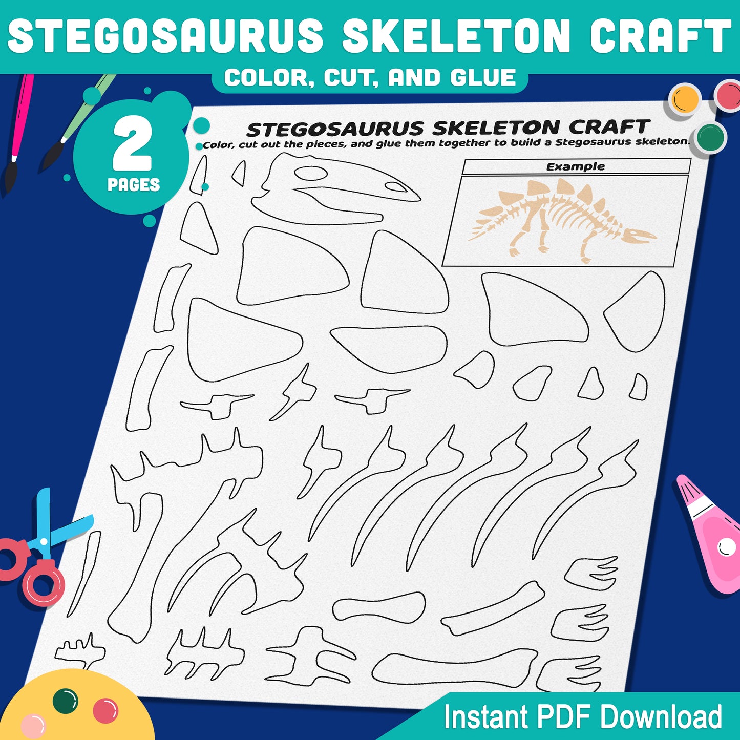 Stegosaurus Skeleton Craft, Dinosaur Color, Cut and Paste Activity, Printable PDF, Pre-Colored, Black and White, US Letter, A4