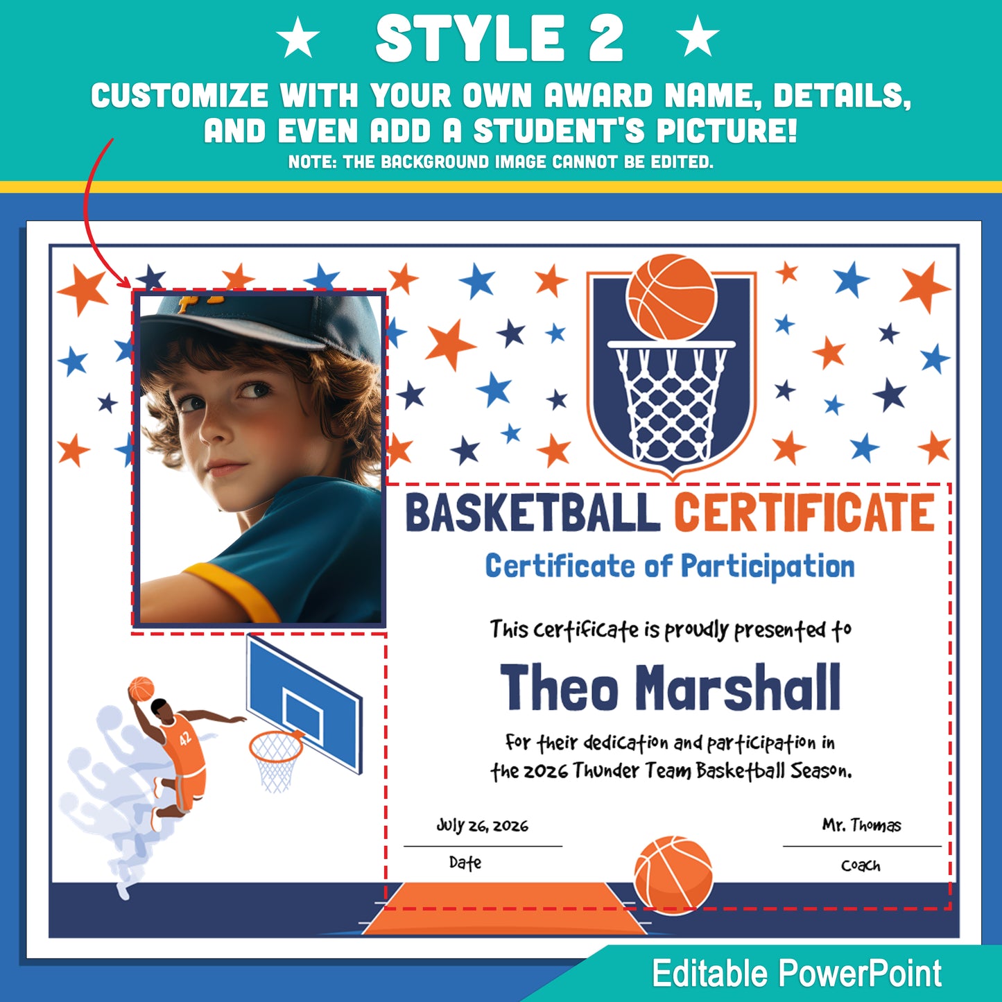 Editable Basketball Certificates | 4 Styles with Photo Options | Youth Team Awards, Player Recognition - 8.5x11 PowerPoint Instant Download