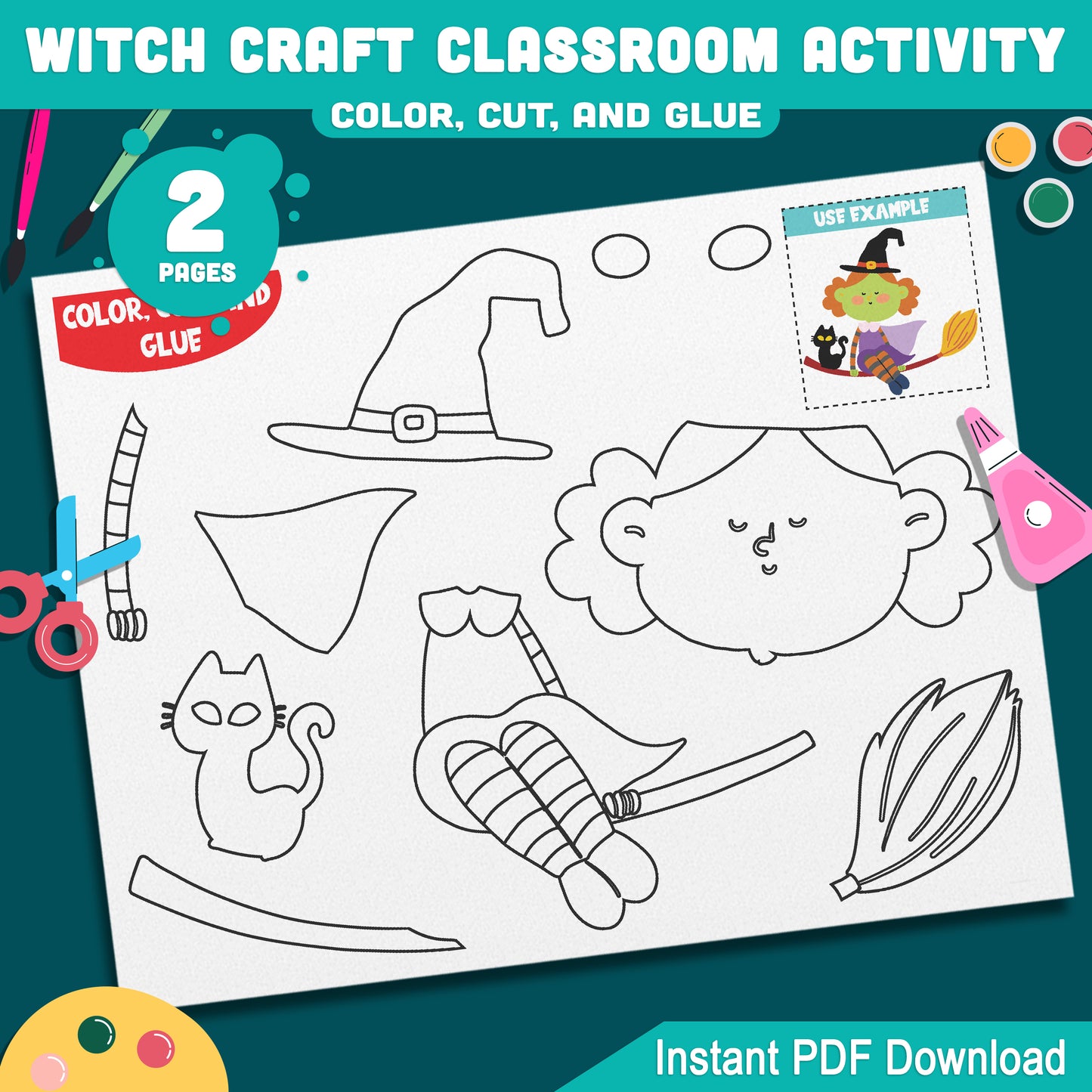 Printable Witch Craft Classroom Activity, Color Cut and Glue Project for Preschool, Pre-K, Kindergarten, Easy Halloween Craft, 2 Pages PDF
