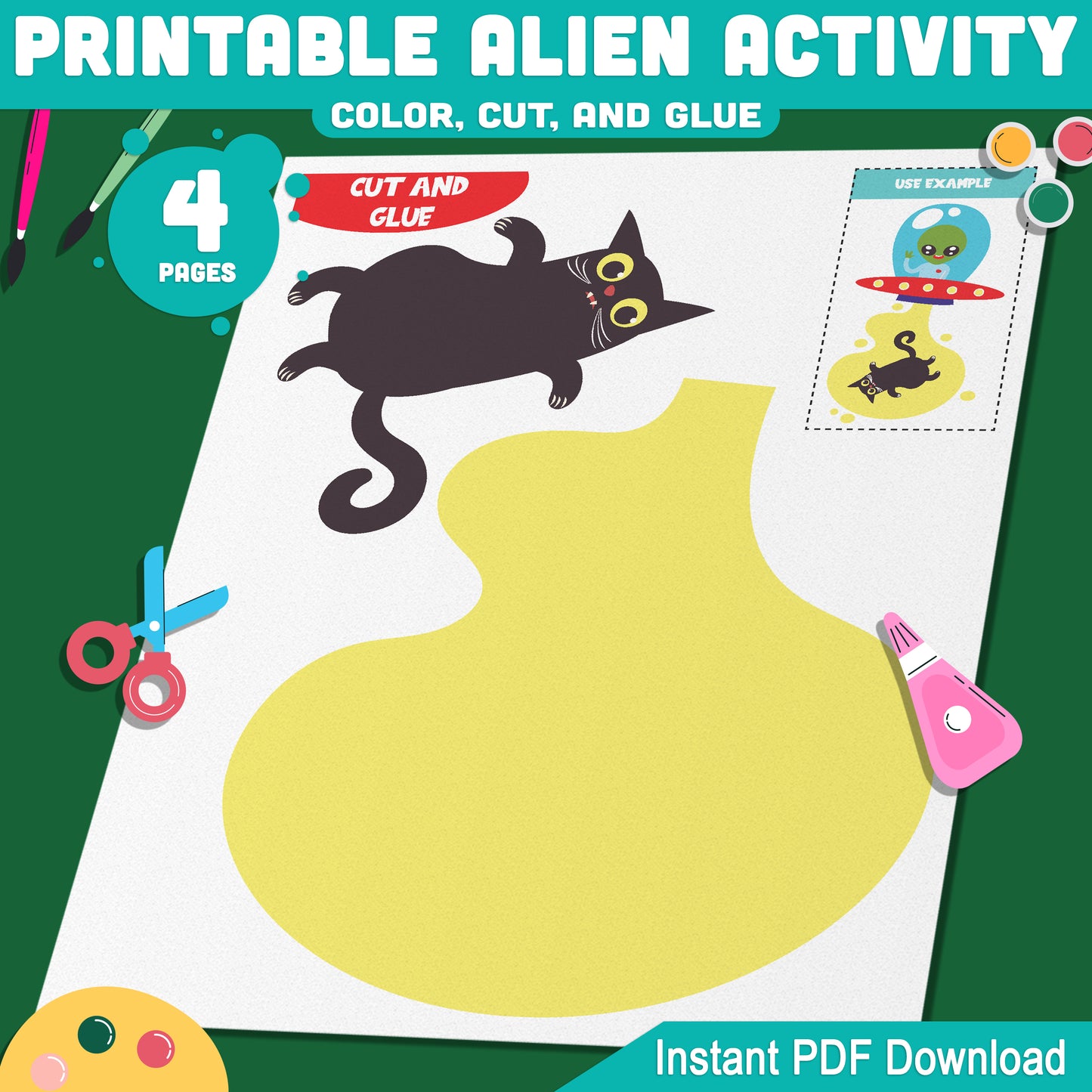 Printable Alien Activity: Fun Cut and Glue Space Craft for Kids, Includes Aliens & Spaceships, 4 Pages, PDF Instant Download