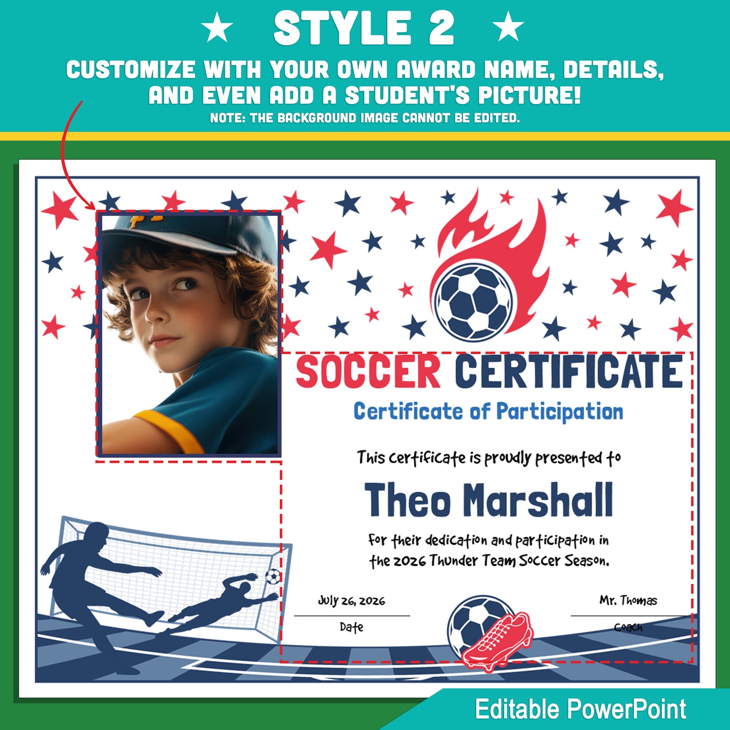Editable Soccer Certificates | 4 Styles with Photo Options | Youth Team Awards, Player Recognition - 8.5x11 PowerPoint Instant Download