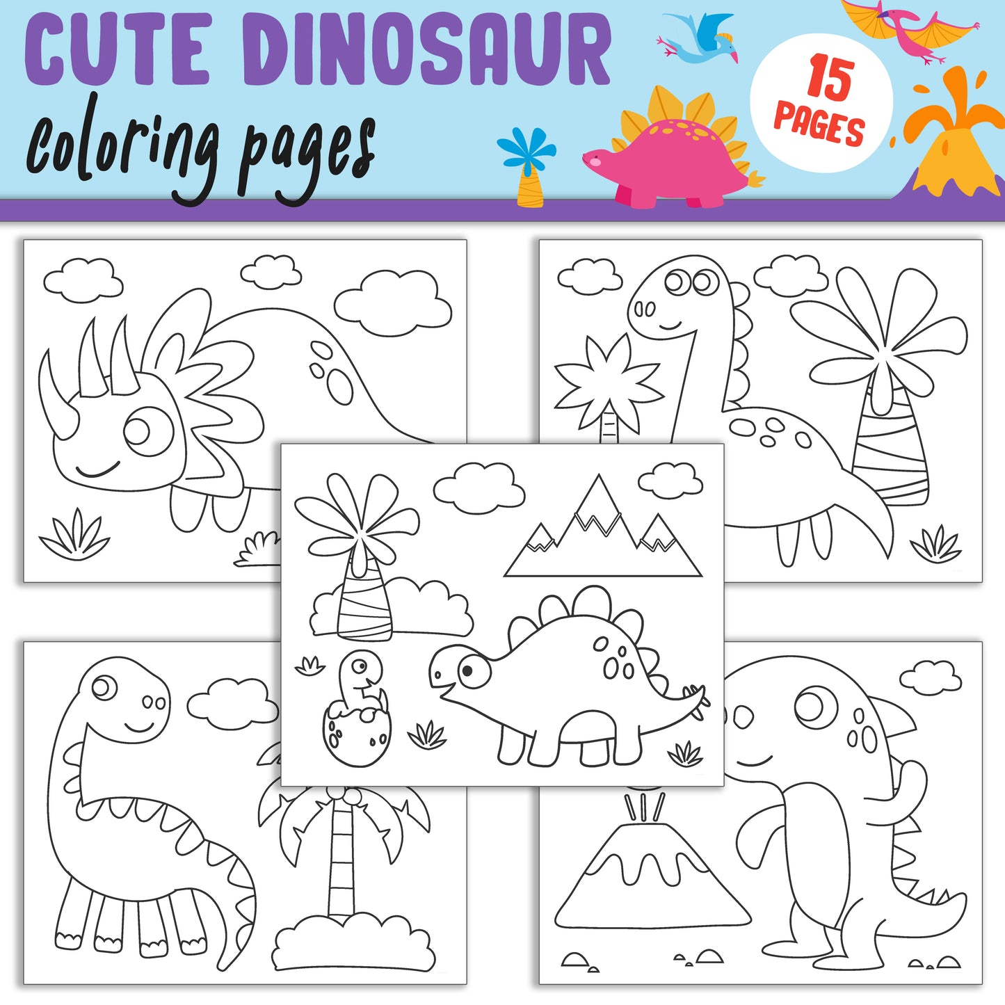 15 High-Resolution Dinosaur Coloring Pages: Easy and Fun for Toddlers, PreK, and Kindergarten - Instant PDF Download