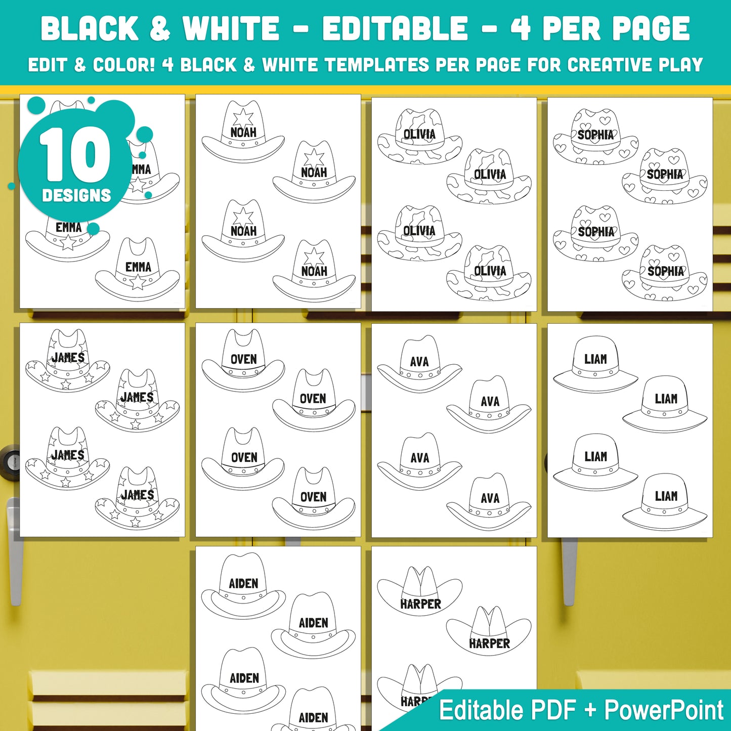 Cowboy & Cowgirl Hats Themed Cubby and Locker Name Tags – Editable, 40 Pages, PDF + PowerPoint, Back to School Printable