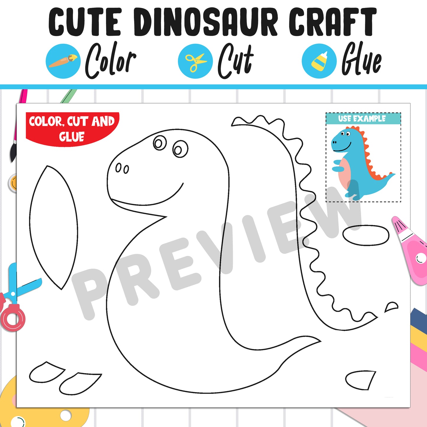 Easy and Cute Dinosaur Craft for Kids : Color, Cut, and Glue, a Fun Activity for Pre K to 2nd Grade, PDF Instant Download