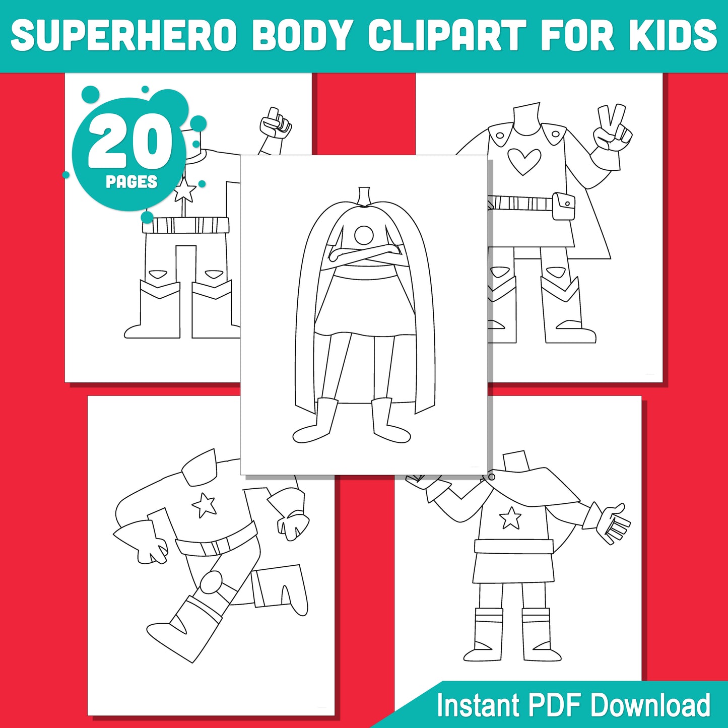 20 Superhero Body Coloring Pages, Fun Printable Activity for Kids to Insert Their Own Face, Perfect for School, Homeschool, or Parties, PDF