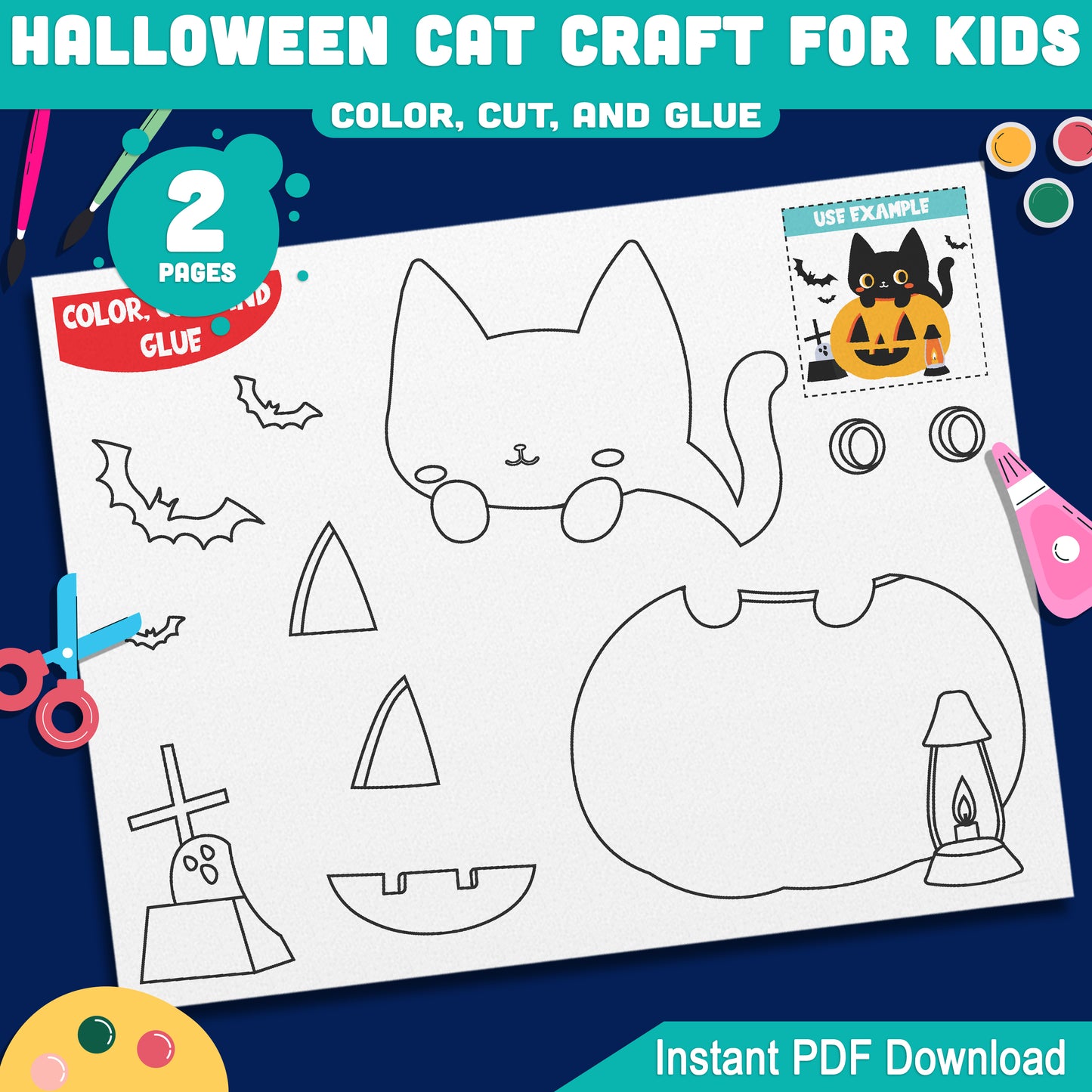 Fun Printable Halloween Cat Craft for Kids, Pre-Colored + Black & White, Simple Cut and Glue Activity for Classroom or Home October Projects
