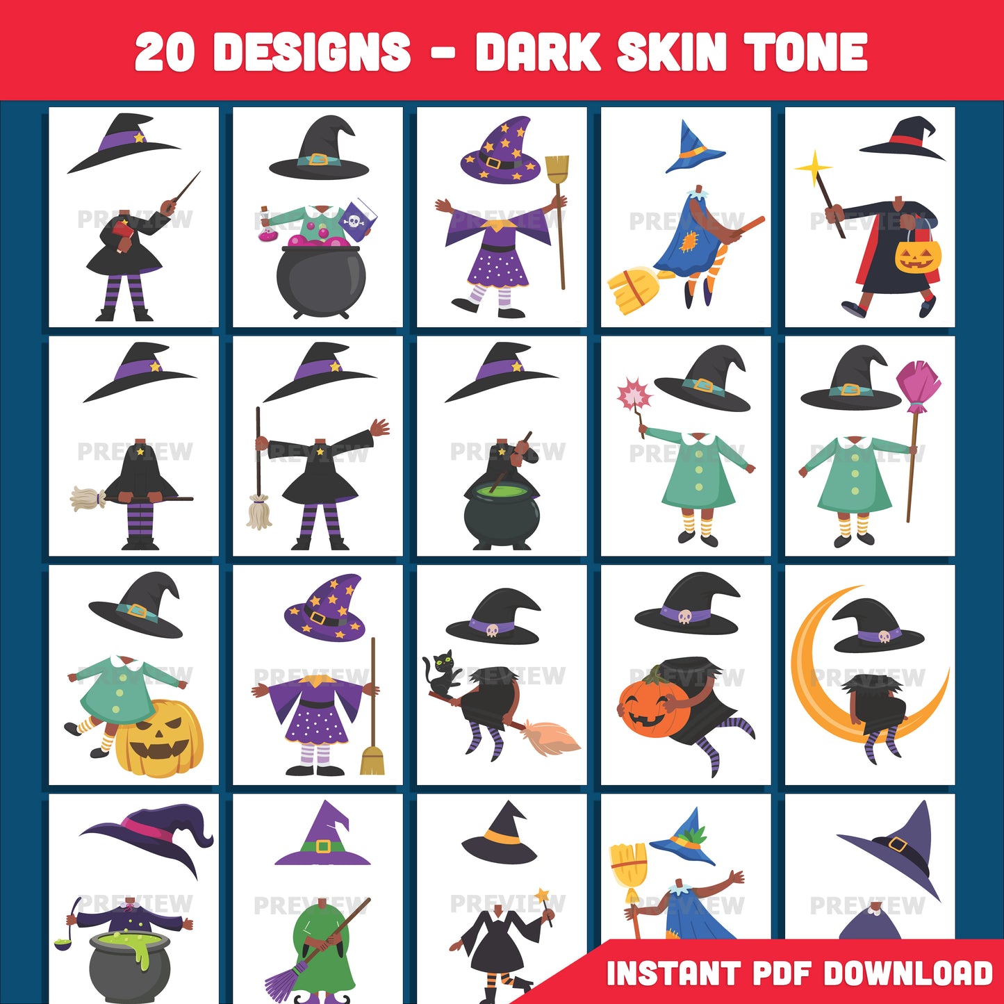 Printable Halloween Witch Body Templates for Kids, 20 Silly & Spooky Designs, Light + Dark Skin Included, DIY Face Cut & Paste Craft