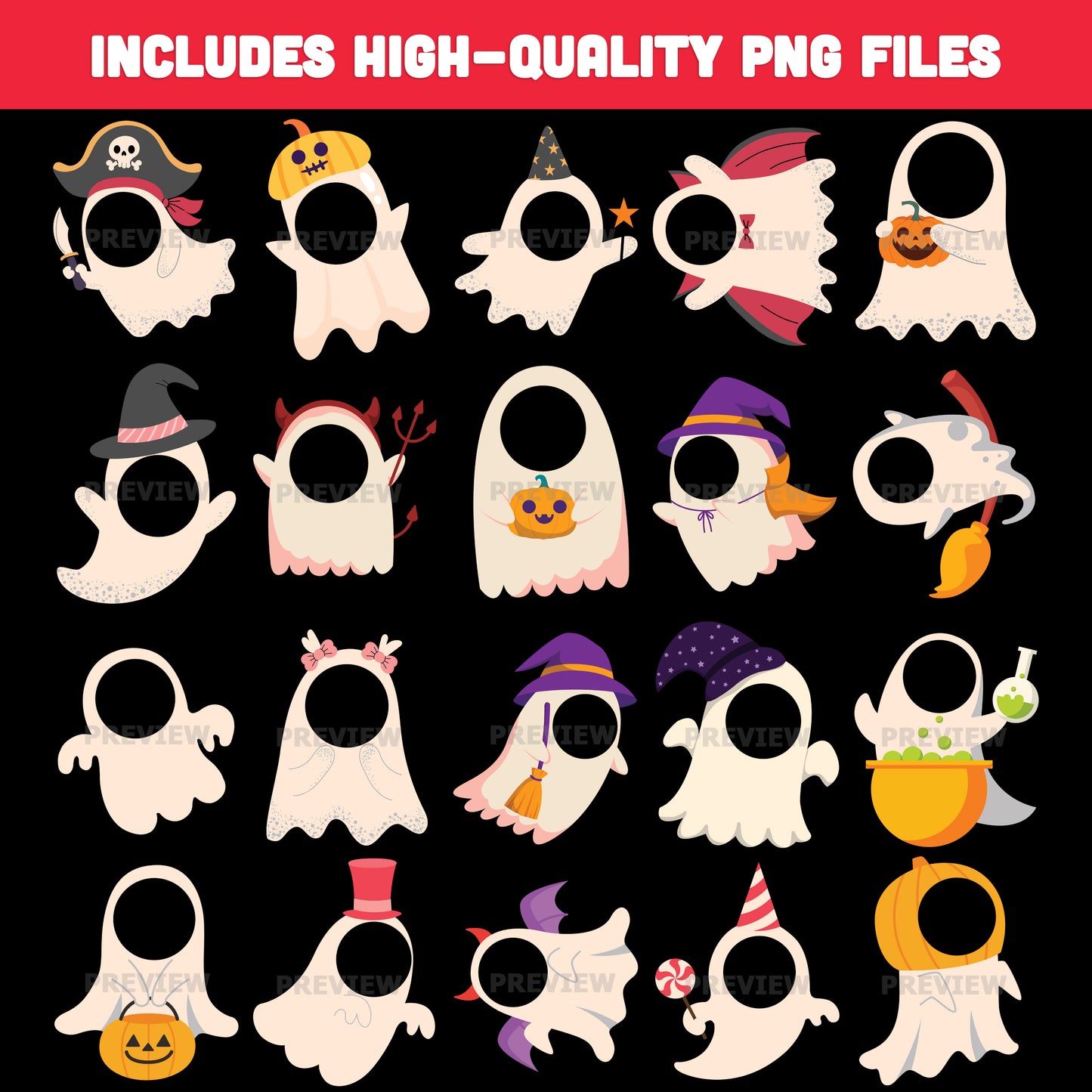 Printable Ghost Body Templates for Kids, 20 Unique Designs, 8.5x11, PNG Files Included, Cute DIY Face Craft for School Projects, Homeschool & Play