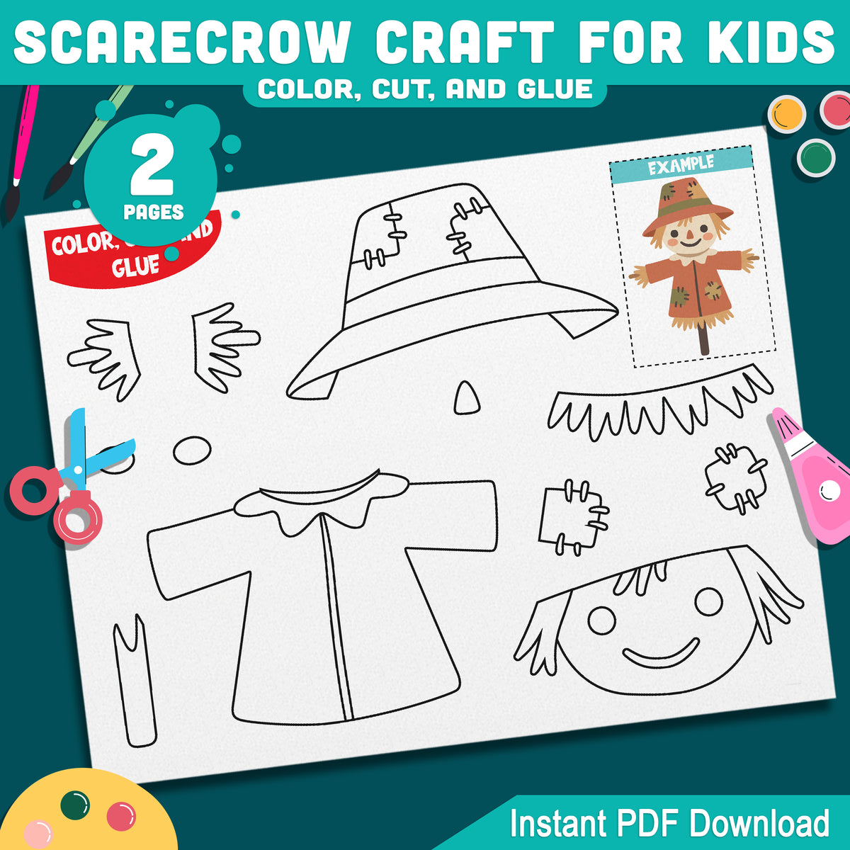 Scarecrow Craft for Kids, Autumn Cut and Assemble Activity, Fall Farm Art, Build a Scarecrow Project, Pre-Colored & Black and White, Letter & A4