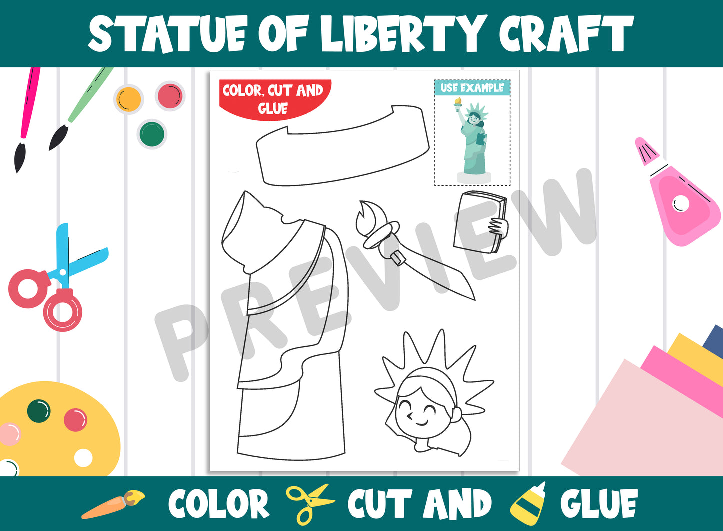 Statue of Liberty, Fourth of July Craft Activity - Color, Cut, and Glue for PreK to 2nd Grade, PDF File, Instant Download