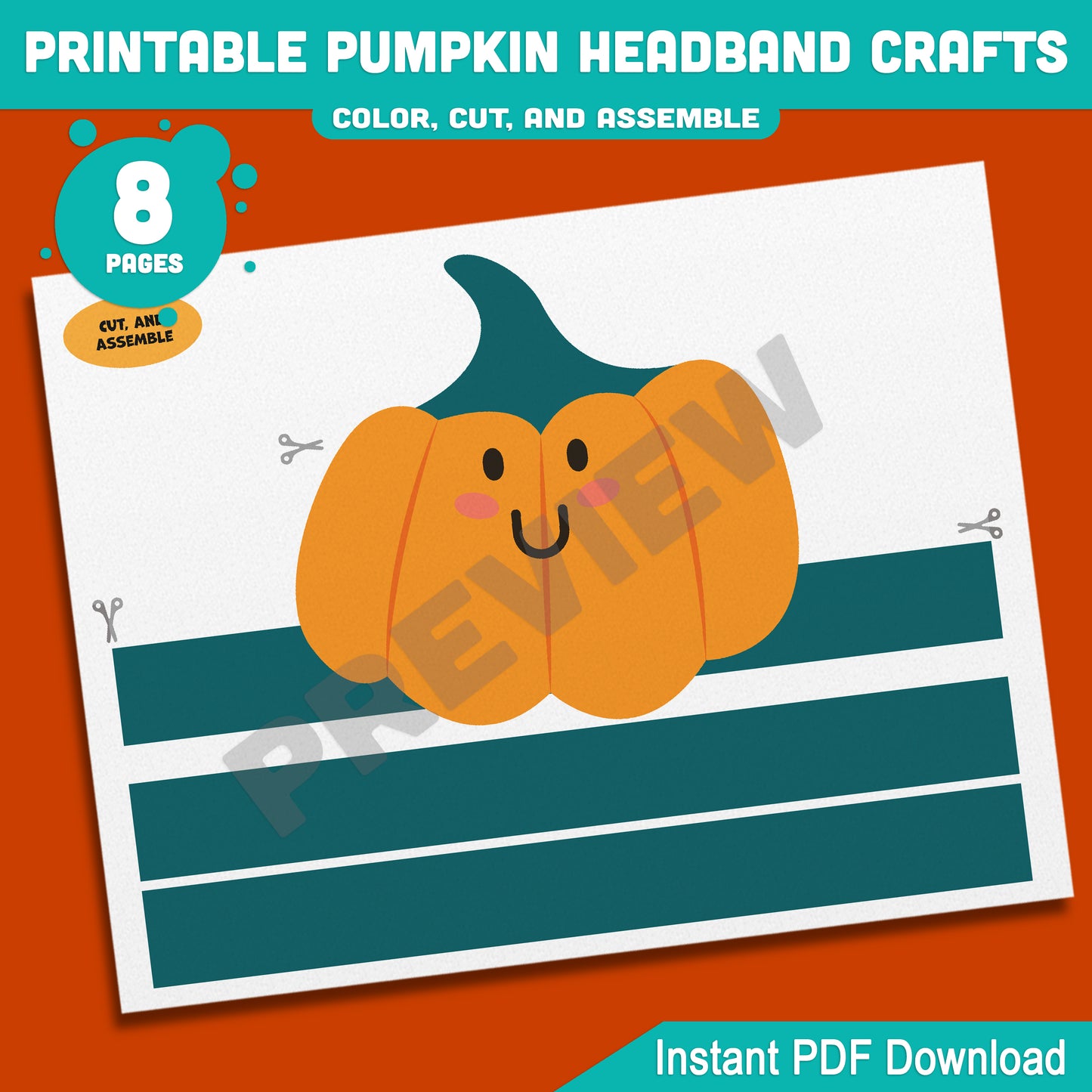 Printable Pumpkin Headband Crafts, Autumn Paper Crown and Hat Coloring Activity, Cut, Color & Wear for Kids, 5 Designs, Pre-colored + Black & White, PDF Download