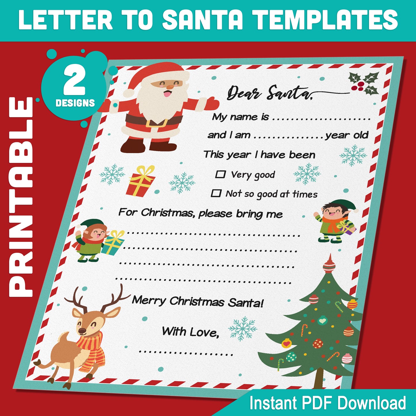 Fill-in-the-Blank Santa Letters: 2 Festive Printable Templates for Kids, Easy 8.5x11 Designs for Christmas Wishes, PDF Instant Download!