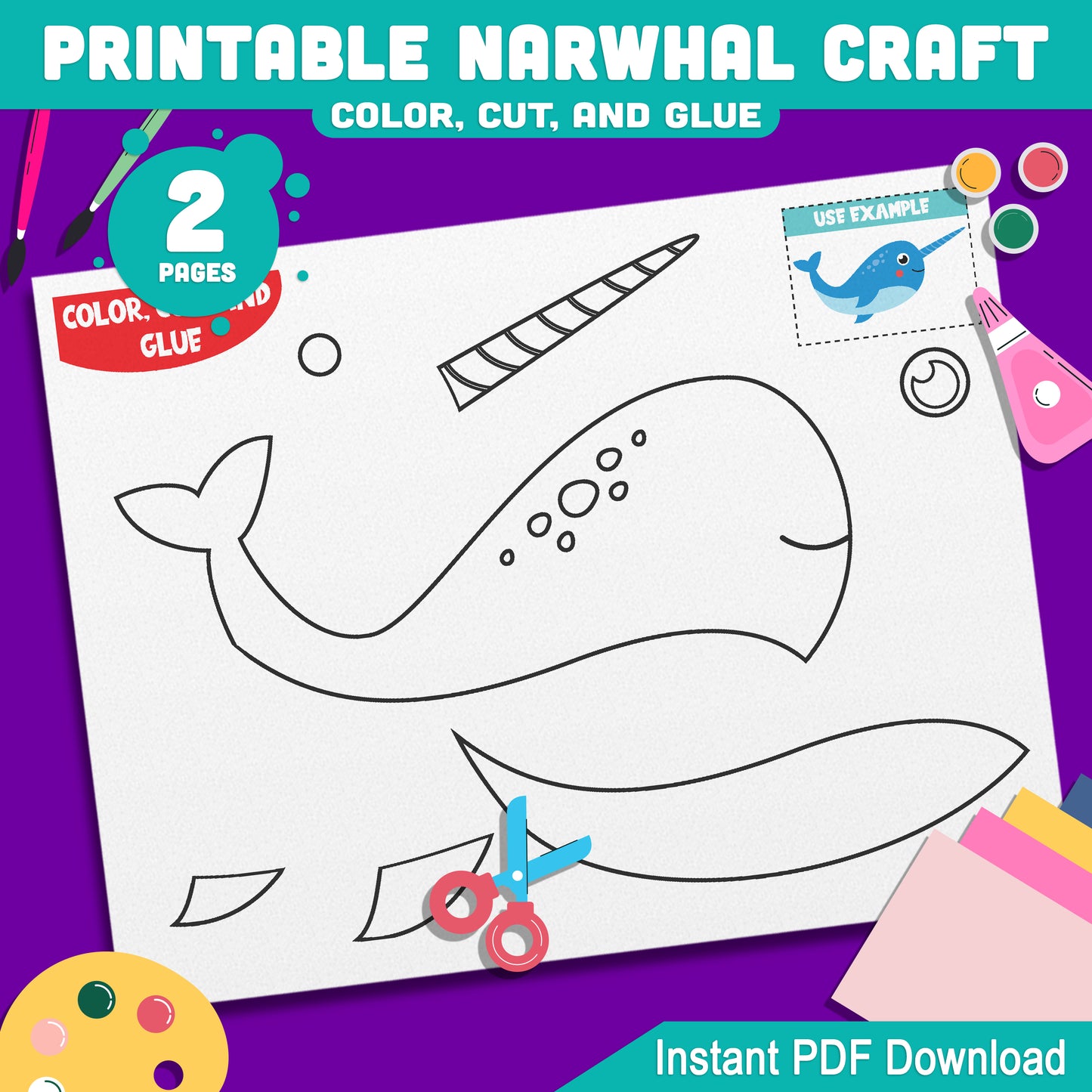 DIY Narwhal Art Project: Printable Color, Cut, and Glue Activity for PreK, Kindergarten, and 2nd Grade Kids, PDF Instant Download
