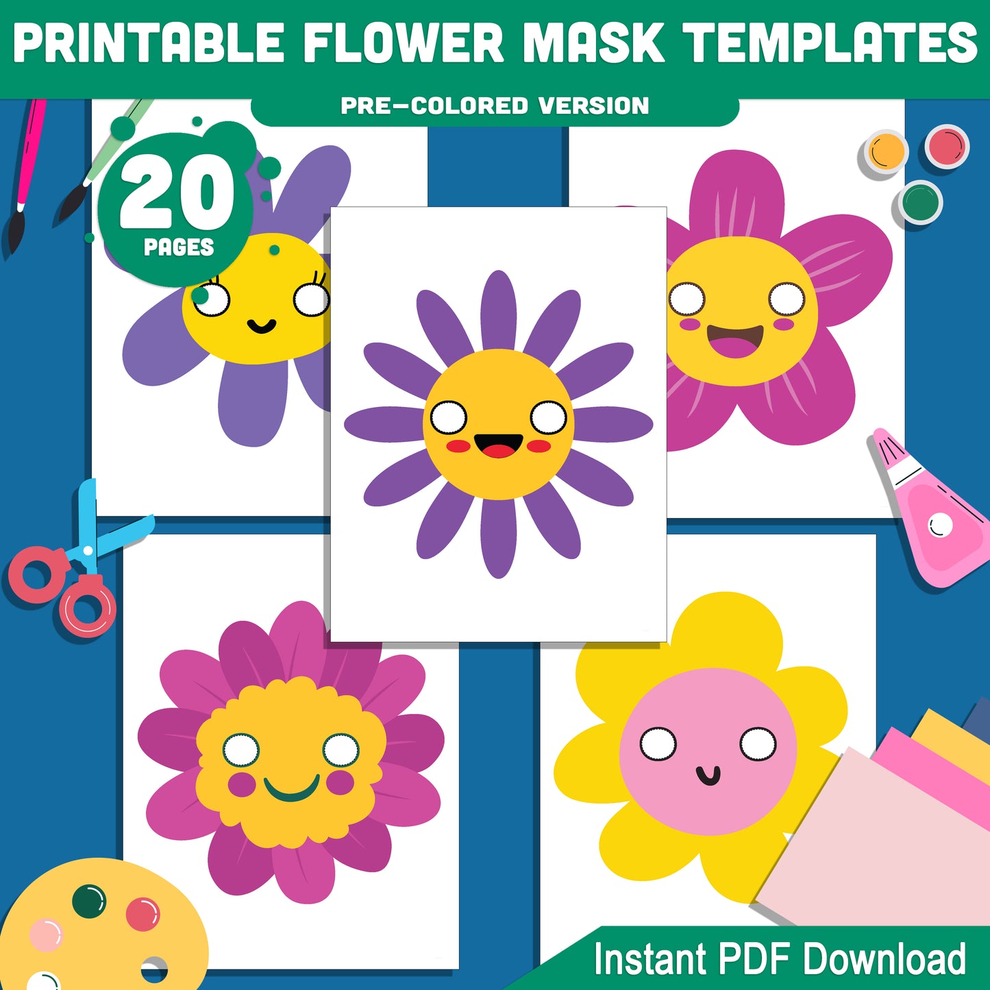 Flower Mask Printable Set: 20 Pages of DIY Spring Crafts for Kids, Pre-Colored + Black & White, Great for Costumes, Pretend Play, and Celebrations