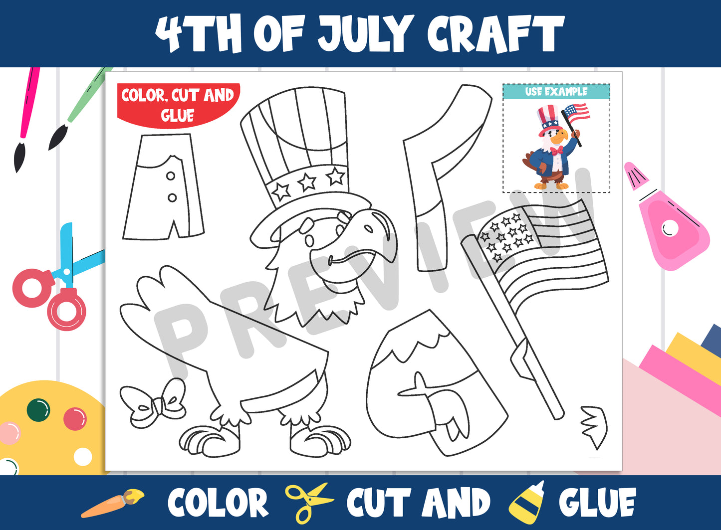 4th of July Craft Activity - Color, Cut, and Glue for PreK to 2nd Grade, PDF File, Instant Download