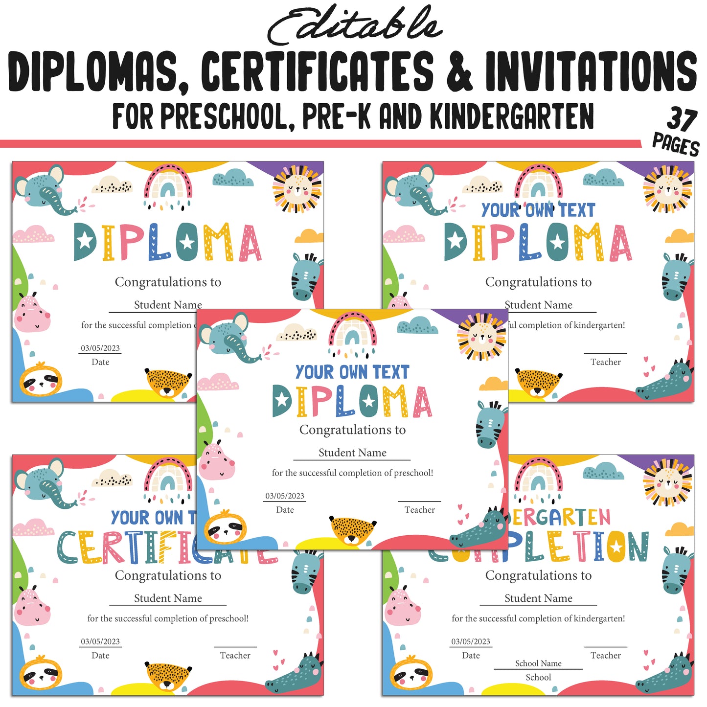 Editable Kindergarten, Pre-K, and Preschool Completion Certificates, Diplomas & Invitations Backgrounds, PDF Files, Instant Download