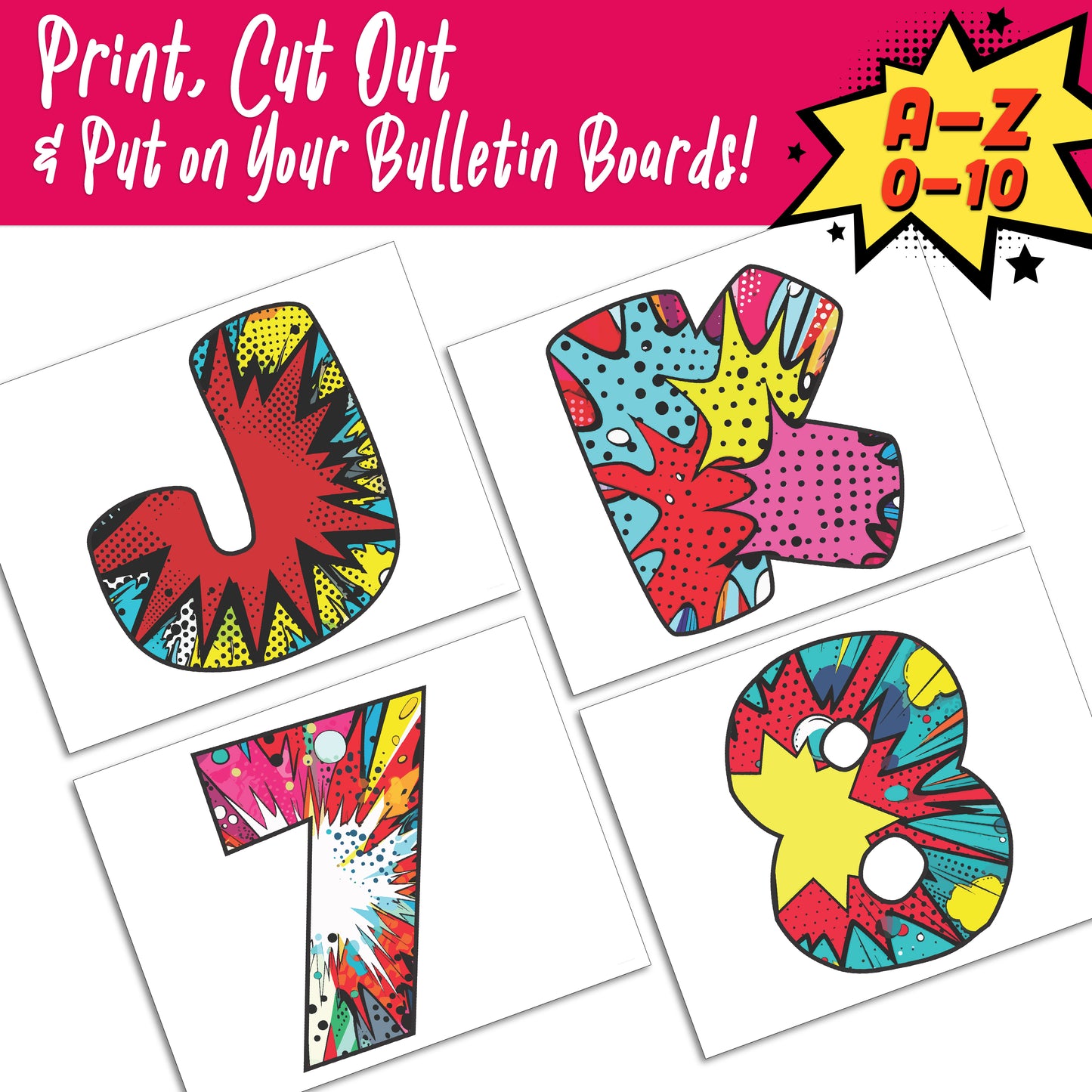 Vibrant Superhero Alphabet & Numbers: Comic A-Z Letters, 1 & 2 Per Page, Bulletin Board & Classroom Display