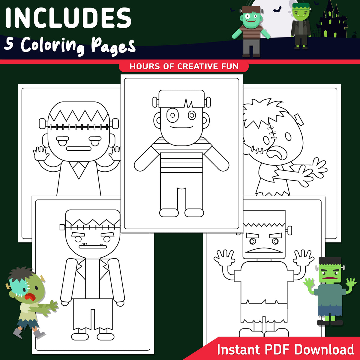How to Draw Frankenstein, Halloween Directed Drawing, 6 Easy Steps for Kids, Monster Art Lesson, 5 Drawing Pages, 5 Coloring Pages, PDF Download