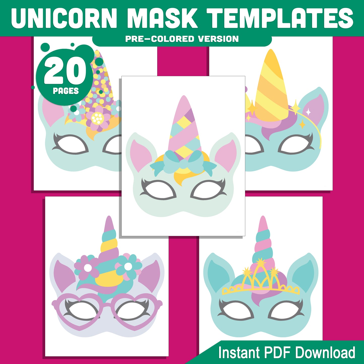 Fun Unicorn Mask Templates: Printable Kids’ Birthday Face Masks, Pre-Colored & Black & White, Ideal for Costumes, Party Favors & Play, Instant PDF.
