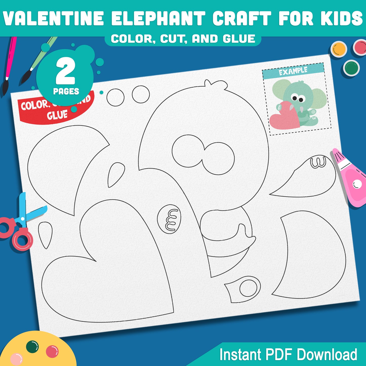 Valentine Elephant Craft for Kids, Adorable Color Cut and Glue Activity, Valentine Classroom Craft, Preschool Pre-K Kindergarten