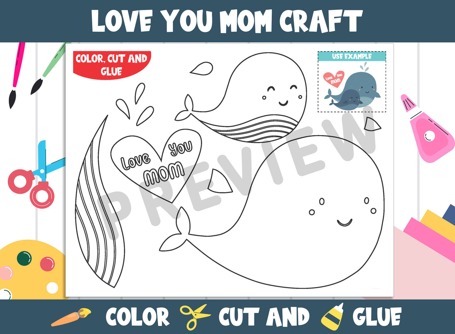 Love You Mom Craft Activity - Color, Cut, and Glue for PreK to 2nd Grade, PDF File, Instant Download