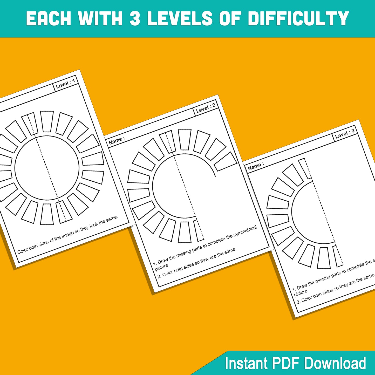 Sun Symmetry Learning Pack: 24 Pages of Fun Worksheets, 8 Creative Designs, 3 Difficulty Levels per Design, Perfect for Kids' Symmetry Skills, PDF Download
