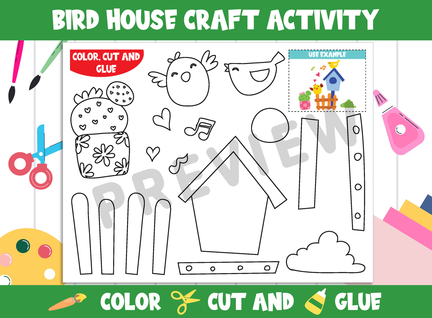 Bird House - Spring Craft Activity : Color, Cut, and Glue for PreK to 2nd Grade, PDF File, Instant Download