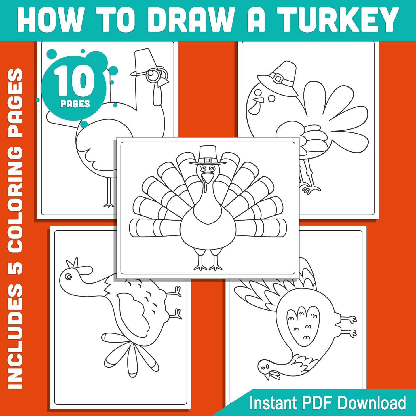 How to Draw a Turkey for Thanksgiving: 5-Page Kids Step-by-Step Art Tutorial with Bonus Fun Coloring Pages, PDF Instant Download for Holiday Creative Fun