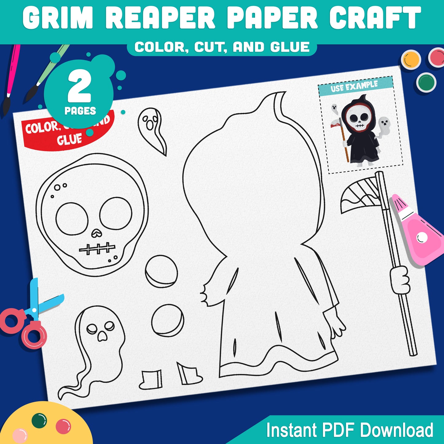 Halloween Printable Grim Reaper Paper Craft, Color Cut & Glue Activity for Preschool, Pre-K, Kindergarten, October Bulletin Board, Pre-Colored + Black & White