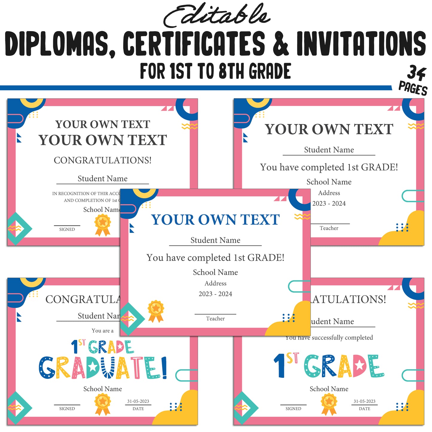 Personalized 1st, Second-8th Grade Achievement Certificates, Diplomas & Invitation Templates in a Flat Modern Theme - PDF Instant Download