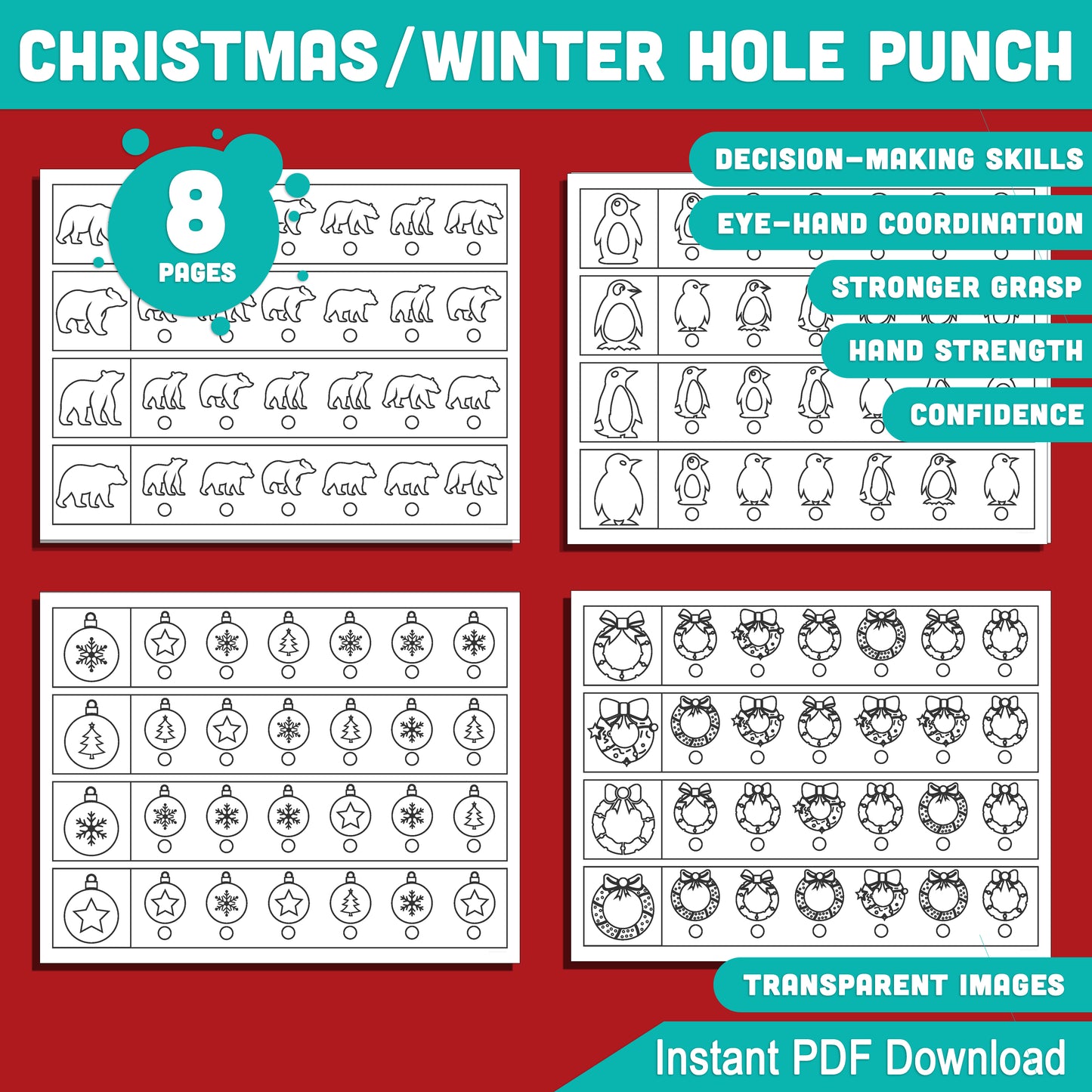 Kids’ Christmas/Winter Hole Punch Activity: 8 Pages with 4 Strips Each for Fine Motor Skills Practice, Fun Educational Craft, Instant PDF Download