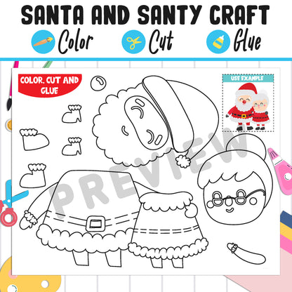 Santa Claus and Santy Craft Activity - Color, Cut, and Glue for PreK to 2nd Grade, PDF File, Instant Download