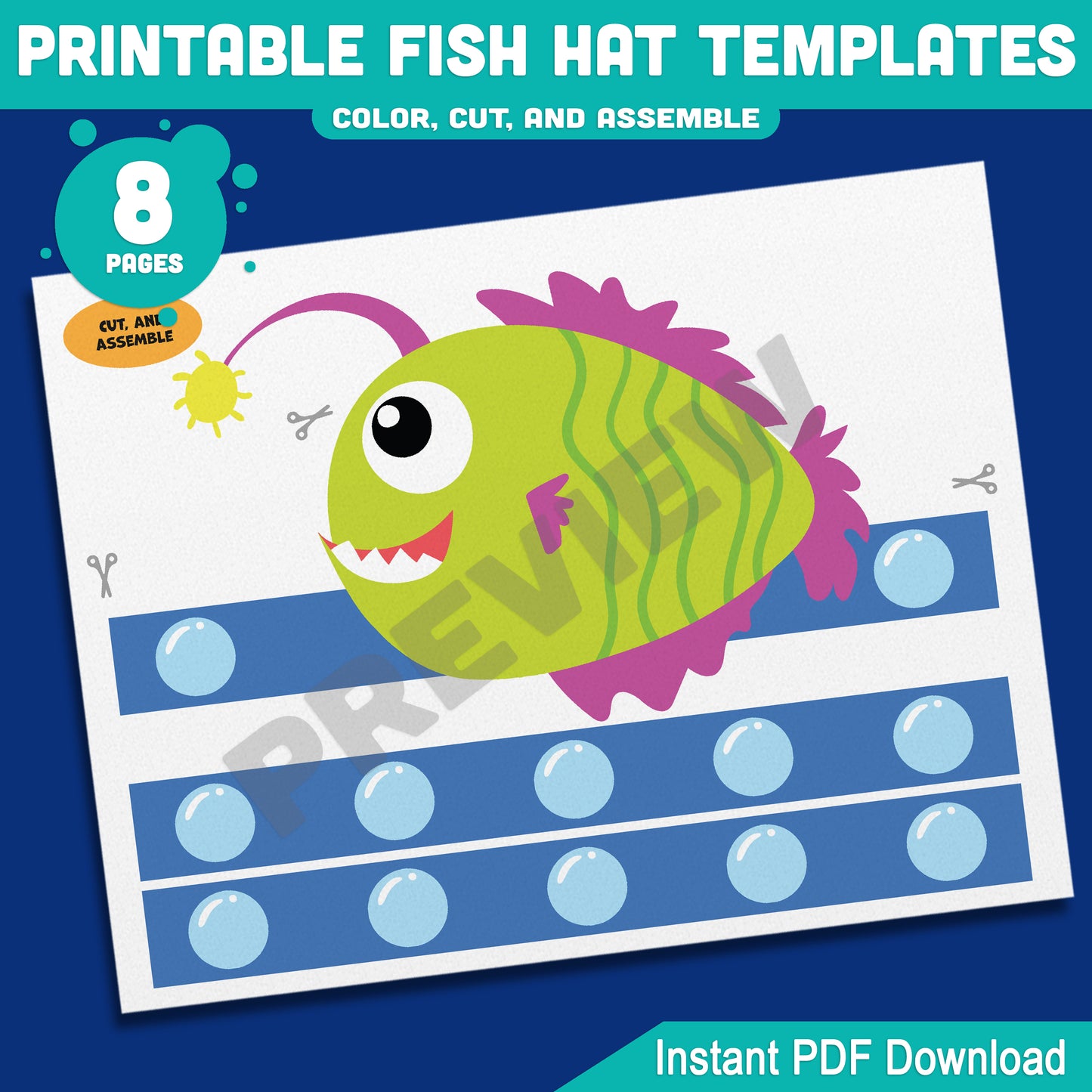 Printable Fish Hat Templates – 8 Fun Paper Crowns with Pre-Colored + Black & White Options, Perfect for Kids’ Ocean Craft and Pretend Play