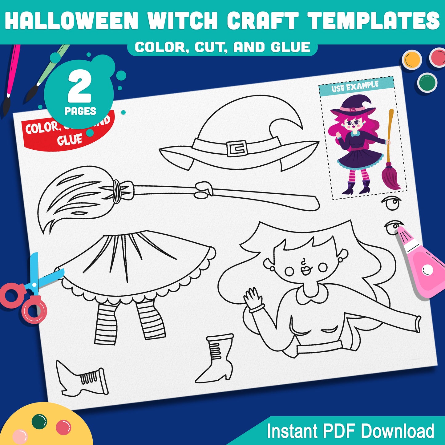 Printable Halloween Witch Craft Templates, October Fall Craft, Color Cut and Glue, Perfect for Parents, Teachers, Preschool, Pre-K, Kindergarten