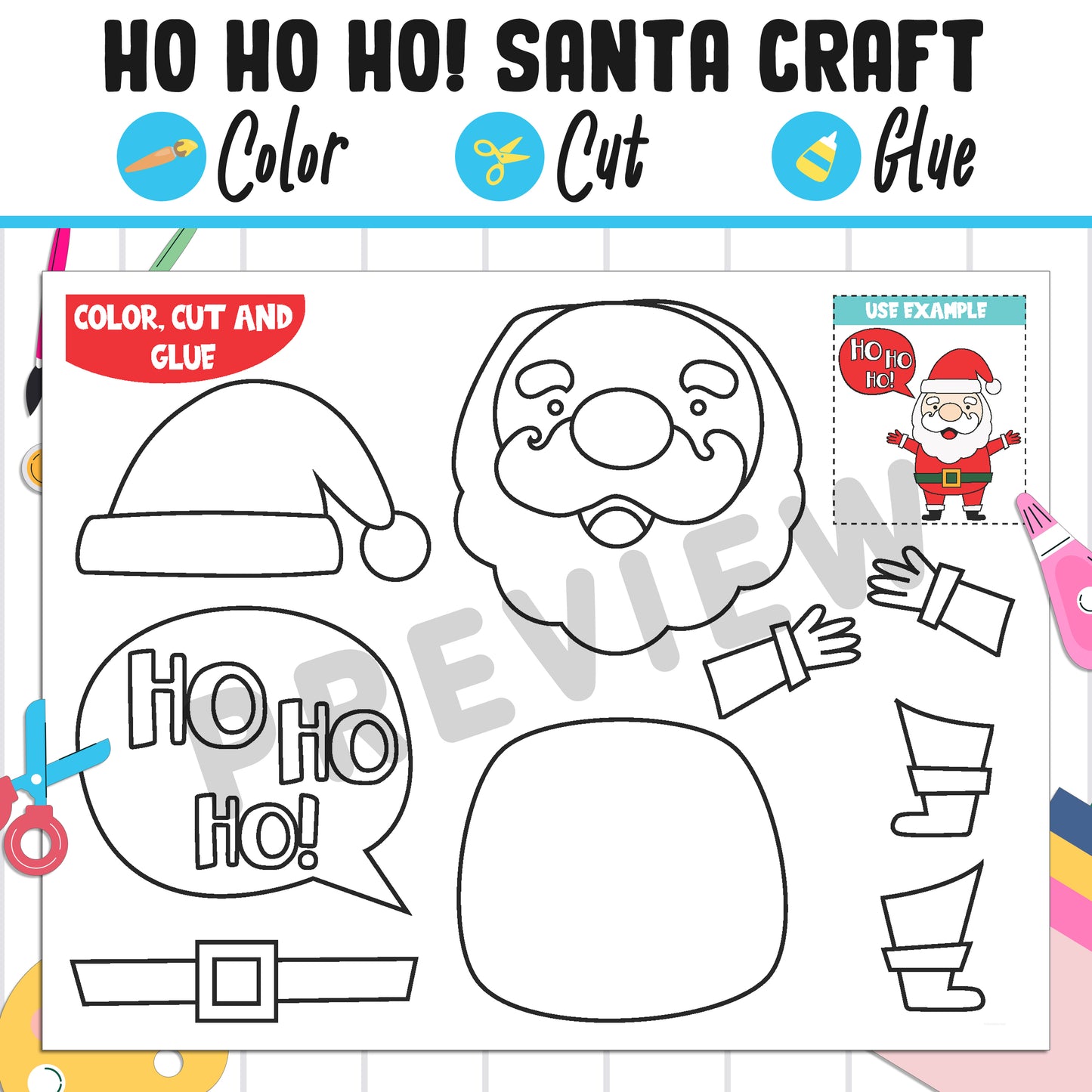 Ho Ho Ho! Santa Craft Template: Fun Christmas Activity for Kids, Color, Cut, and Glue, Pre K to 2nd Grade, PDF Instant Download