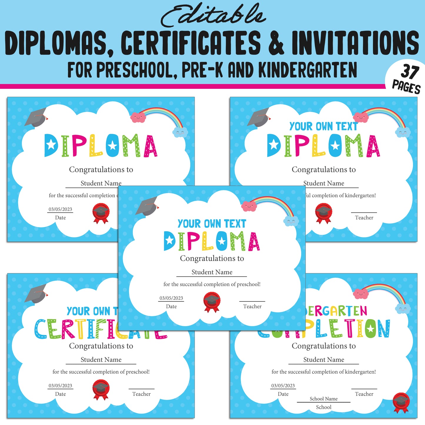 37 Editable Pre-K, Preschool, and Kindergarten Diplomas, Certificates, and Invitations β Instant PDF Download!