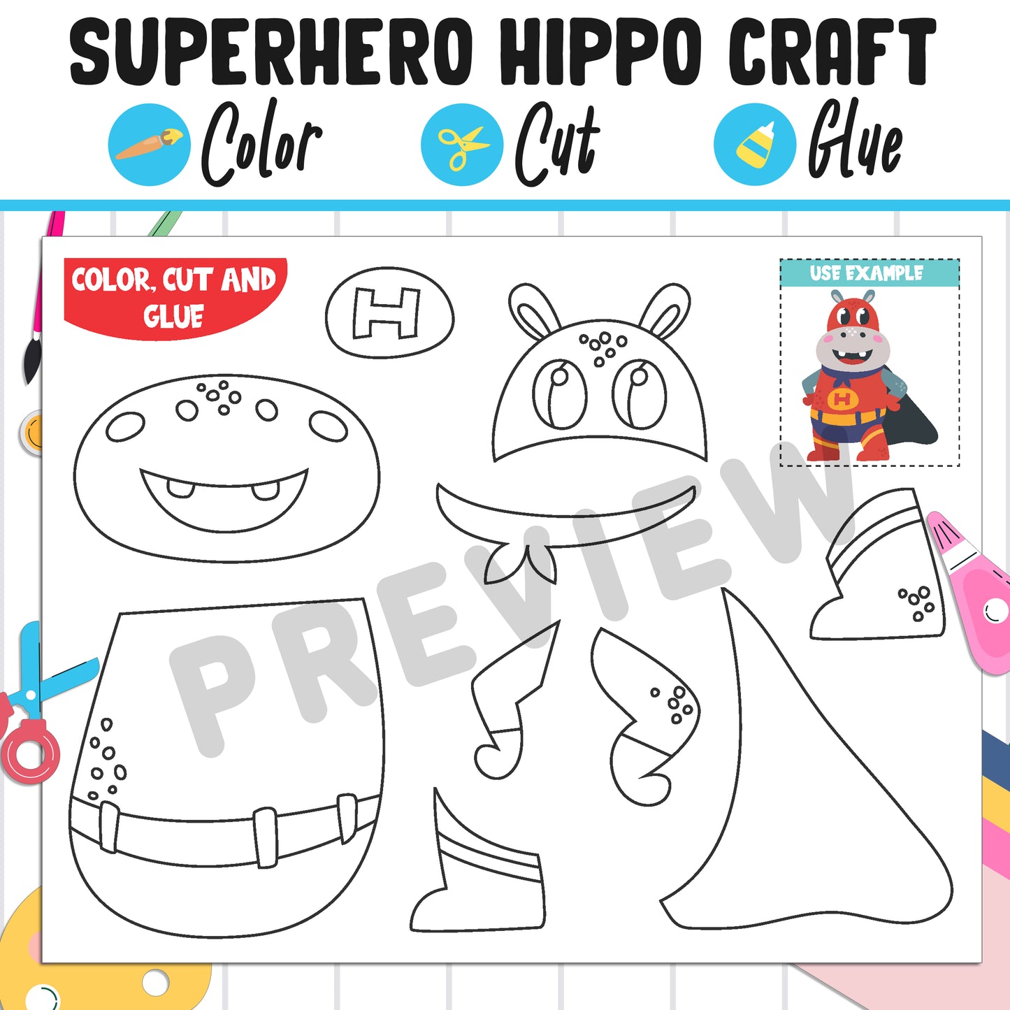 Superhero Hippopotamus Craft : Color, Cut, and Glue, a Fun Activity for Pre K to 2nd Grade, PDF Instant Download