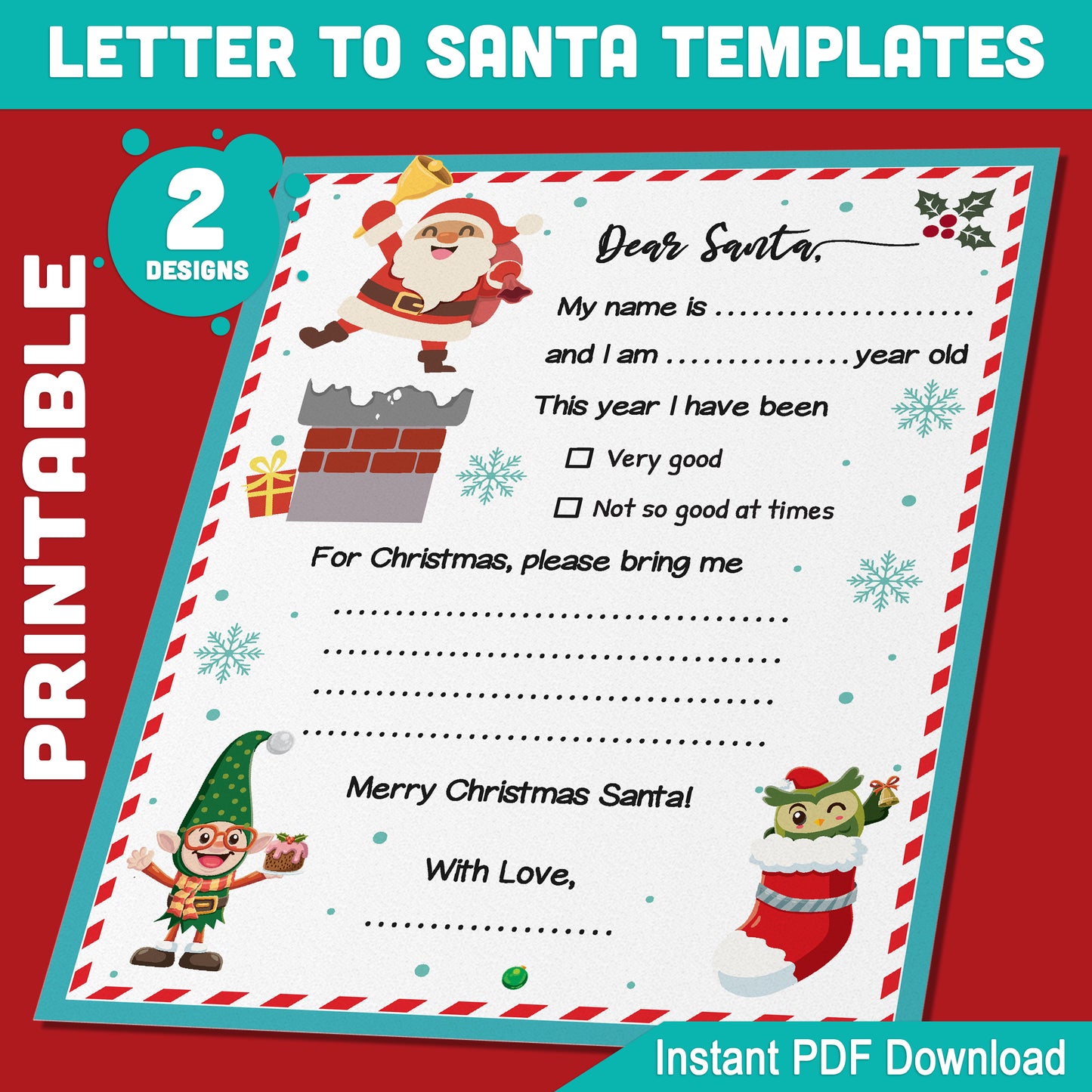 Write a Dear Santa Letter: Christmas Activity Template for Kids, 8.5x11", Fun Family Holiday Writing, PDF Download, Perfect for Boys & Girls